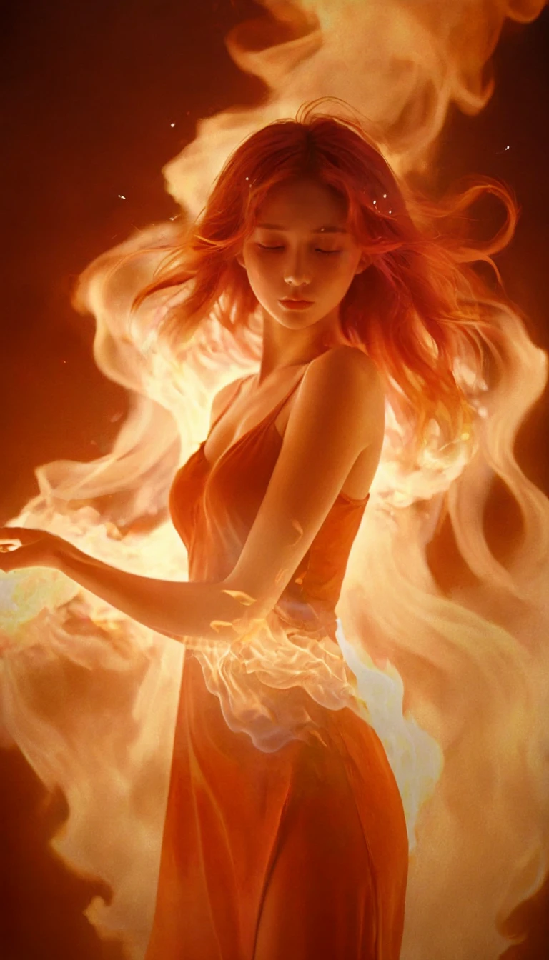 (fire element:1.1),composed of fire elements,(1girl:1.3),<lora:xl-shanbailing-1003fire-000010:0.75>,burning,transparency,fire,(molten rock),flame skin,flame print,fiery hair,smoke,cloud,(cleavage:0.3),small_breasts,(((a girl wrapped in flames soaring flames radiating sparks))),the burning hand,(white hair:0.85),(halter_dress:0.5),ultra wide,octane render masterpiece,ultra wide field,ultra dynamic lighting amazing shadows,Deep photo,depth of field,shadows,messy hair,(seductive silhouette play:0.9),(dark:0.8),nighttime,dark photo,grainy,(dimly lit:0.9),shot on RED camera,harsh camera flash ((eyes closed)),