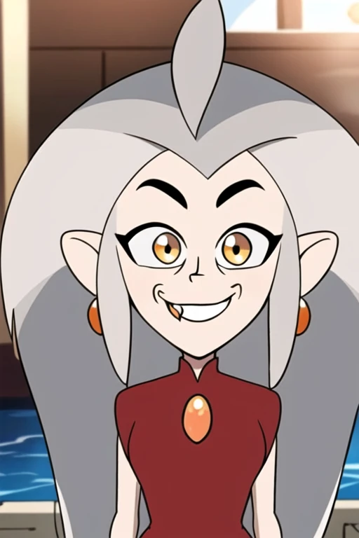 masterpiece, best quality, <lora:edalyn:0.8>, 1girl, solo, grey hair, long hair, yellow eyes, smile, grin, looking at viewer, fang, red dress, jewelry, looking at viewer, sunlight, delicated ilumination, highly detailed