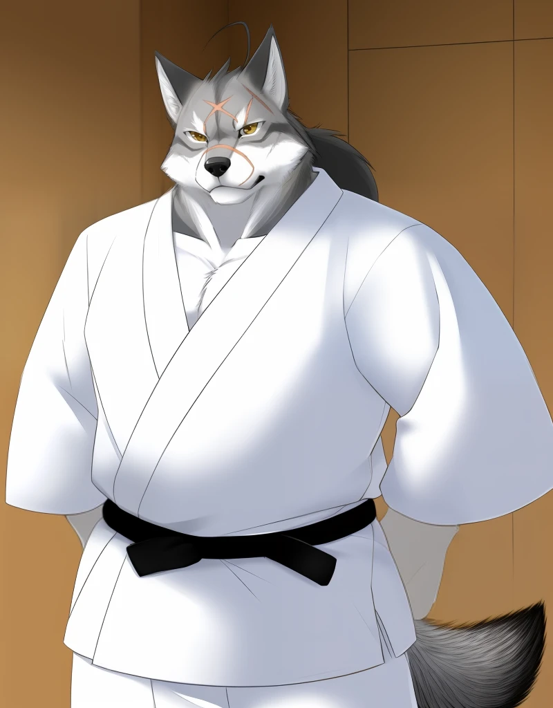 (((detailed eyes, detailed face))), (furry, ten kodori <lora:character_ten_kodori_findigo_v1:0.9>, two-tone fur, long hair, ahoge, wolf boy, snout, scar on face), male, (solo), (plump), (white dougi, martial arts belt, white pants), standing, (arms behind back), smile, (front view) BREAK (konzaburou, ukan_muri, cute), bedroom, (flat shading, flat color, high brightness), 8k, UHD, masterpiece, (full body)