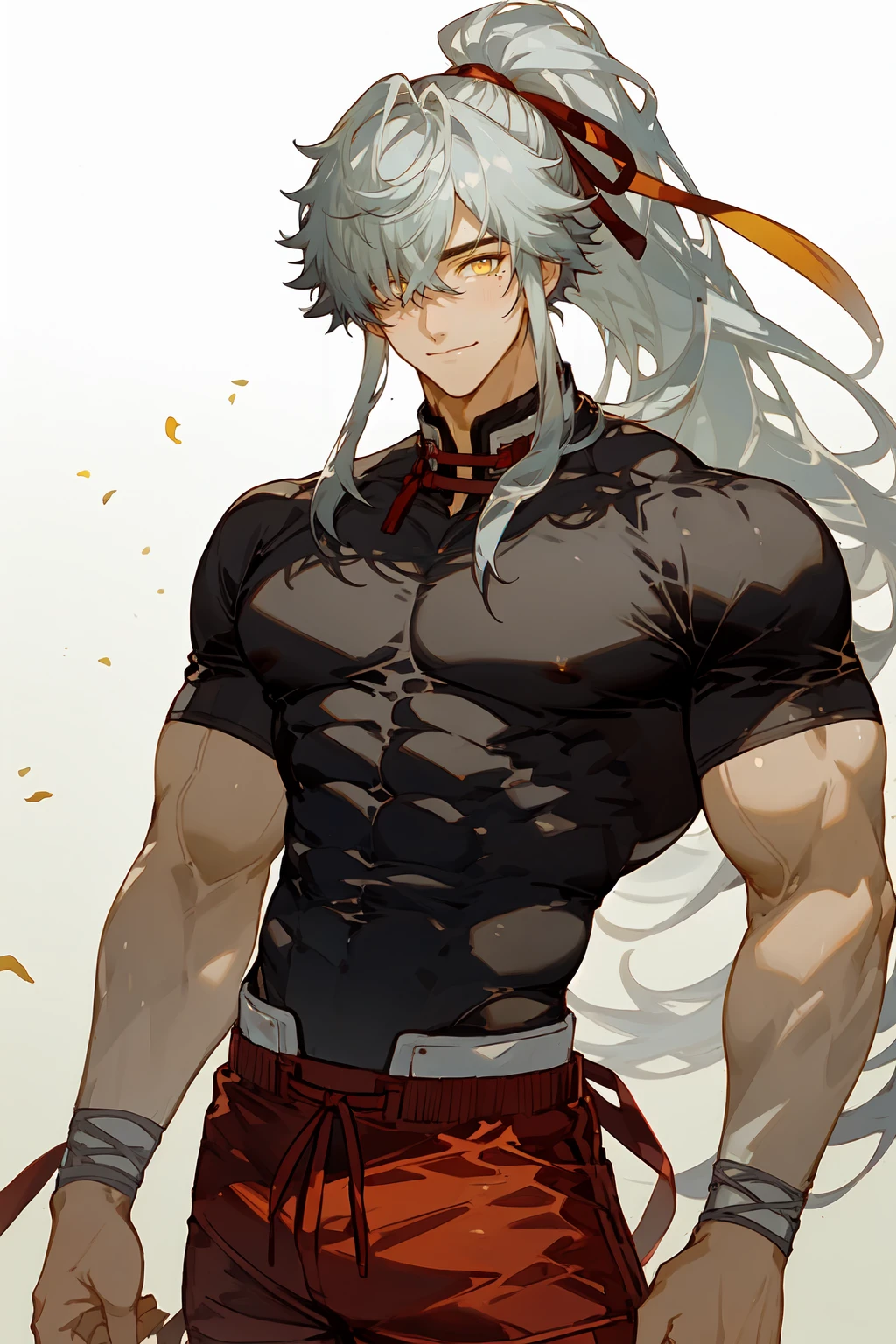 <lora:æ¯å
V1:1>,<lora:ææ æåå宿ä¸é¥±å度AQLORA:1>,<lora:ä¿®æneg4all_bdsqlsz_V3.5:0.8>,
jinyuan,hair ribbon,(yellow eyes:1.5),ribbon,red ribbon,cowboy shot,solo,smile,shirt,muscular,hair ribbon,pectorals,looking at viewer,ribbon,muscular male,pants,black shirt,covered abs,gradient background,gradient,tight,red ribbon,red shorts,tight shirt,skin tight,cowboy shot,<lora:ææ èèæ»åmuscle_slider_v1:1>,long hair,ponytail,, masterpiece,best quality,masculine appeal,handsome face,finely detailed eyes and face,youthful face,detailed eyes,Perfect features,
narrow_waist,male focus,1boy,
