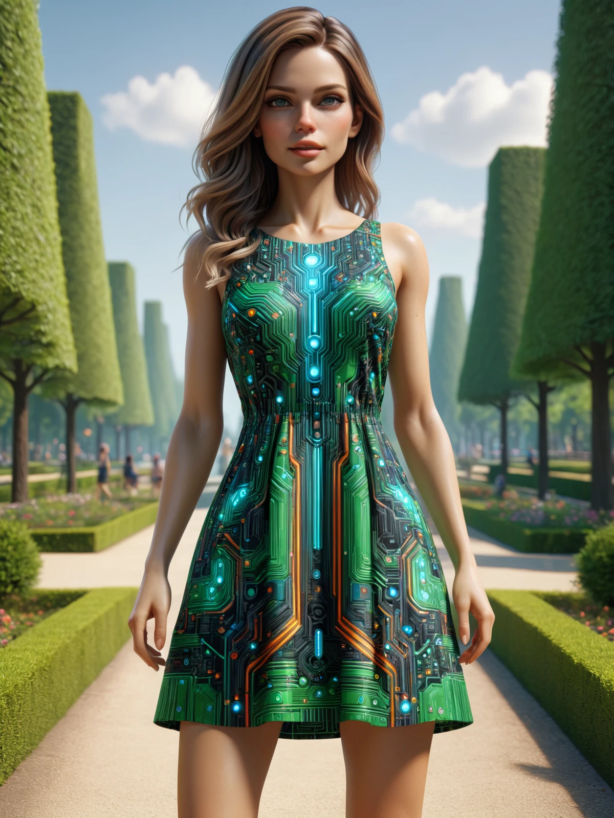woman wearing a mad-circuit summerdress, park <lora:Colorful_Circuit_SDXL:0.8>, (masterpiece:1.2), best quality, (hyperdetailed, highest detailed:1.2), high resolution textures