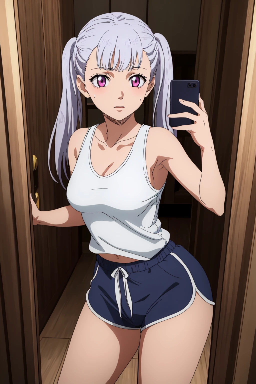 ((best quality)),((highly detailed)),masterpiece,absurdres,detailed face,beautiful face,(detailed eyes, deep eyes),(1girl),((dynamic pose)), <lora:NoelleV1:0.7>,Noelle, pink eyes, twintails, long hair, silver hair, bangs, solo, tank top, indoors , breast, medium breast, dolphin shorts, <lora:dolphin_shorts_v0.1:0.5>, <lora:MirrorSelfieLora:0.8>, anime, mirror selfie, holding phone<lora:add_detail:0.1>
