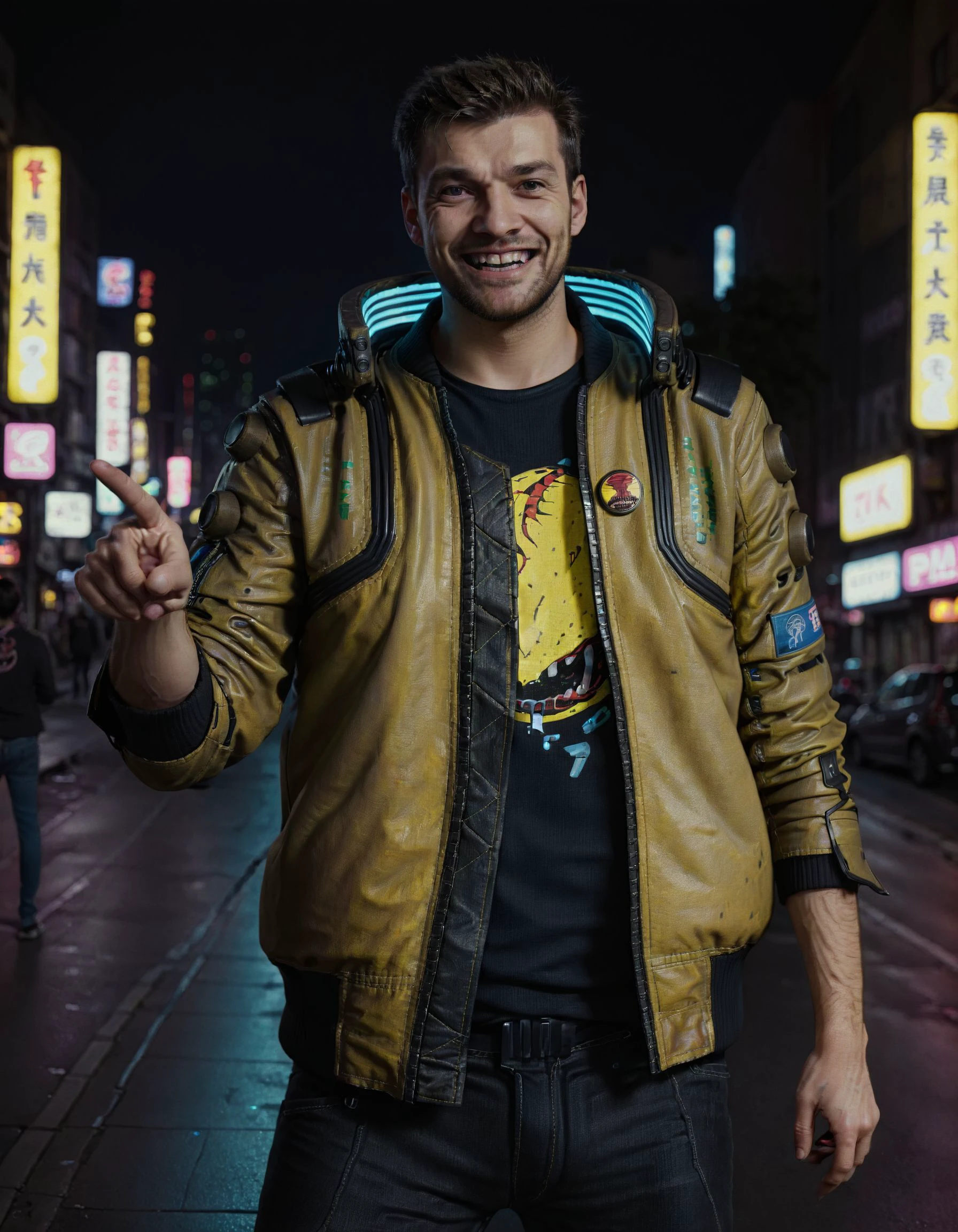 a man, pointing, smiling, wearing a yellow cyberpunk Samurai jacket, black jeans, black shirt, standing in a busy city street, sleeves up, night, night sky, large cityscape, neon signs, realistic, highly detailed, professional, 4k,  <lora:CyberpunkSamuraiJacketSDXL:0.75>