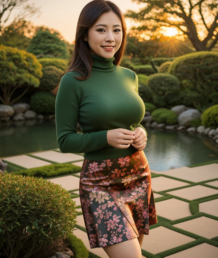 t1g3rb3, Japanese garden, spectacular light, upper body, Leaves, sunset, Colorful flowers, close portrait photo, Twilight, firelies, Green meadow, breast, asiatic, smile, Turtleneck, skirt, dress asian