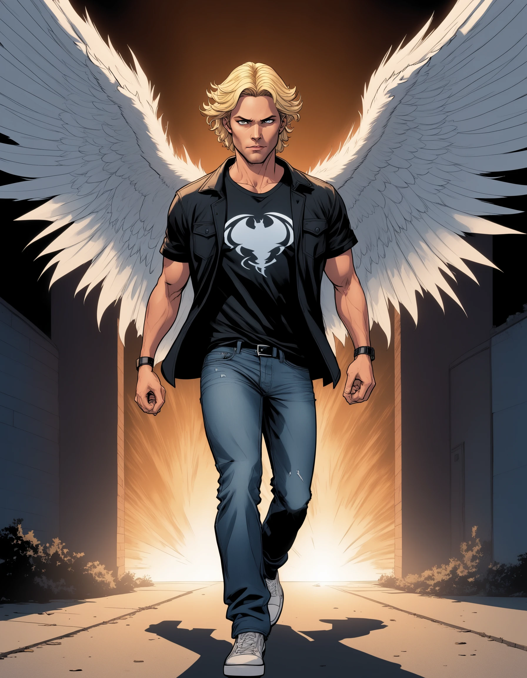 1boy, (supernatural), comic book art, mark pelligrino as lucifer, blonde hair, torn clothes, tshirt, denim pants, dad vibes, snarky demonic look, male focus, solo, extreme light and shadow, specular highlights, lucifer from supernatural, art by ed benes, flying, outdoors, full body, cinematic lighting, cinematic angle, masterpiece, best quality