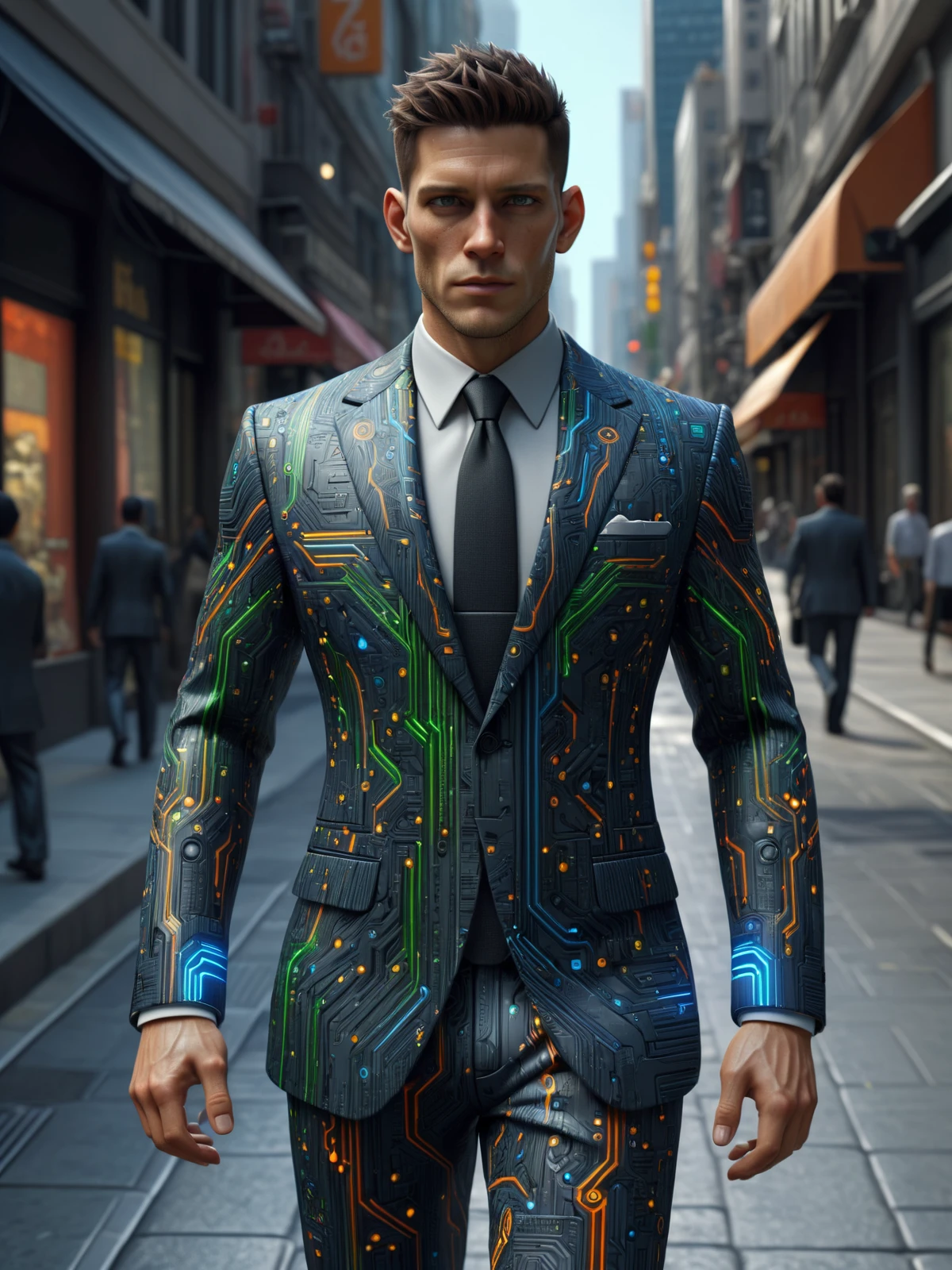 man wearing a mad-circuit business suit walking through city<lora:Colorful_Circuit_SDXL:0.6>, (masterpiece:1.2), best quality, (hyperdetailed, highest detailed:1.2), high resolution textures