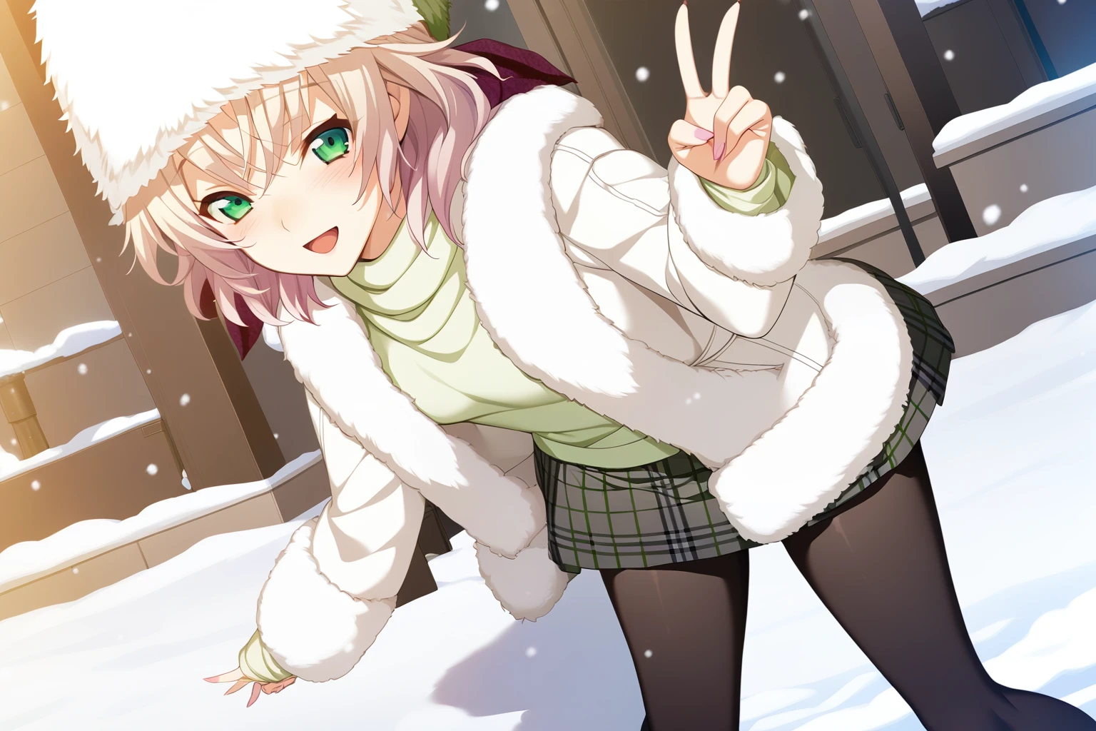 1girl,kagamigawa noelle,white winter outfit,hair bow,fur hat,green turtleneck,solo,black pantyhose,blush,open mouth,plaid skirt,smile,snow,masterpiece,best quality,game cg,standing,v,<lora:KagamigawaNoelleXL:1>,
