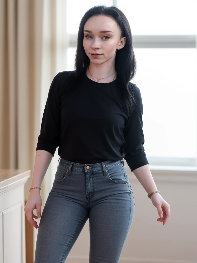 photo of alice04 standing solo wearing tight jeans and tshirt, wearing little high heels, wearing dark makeup