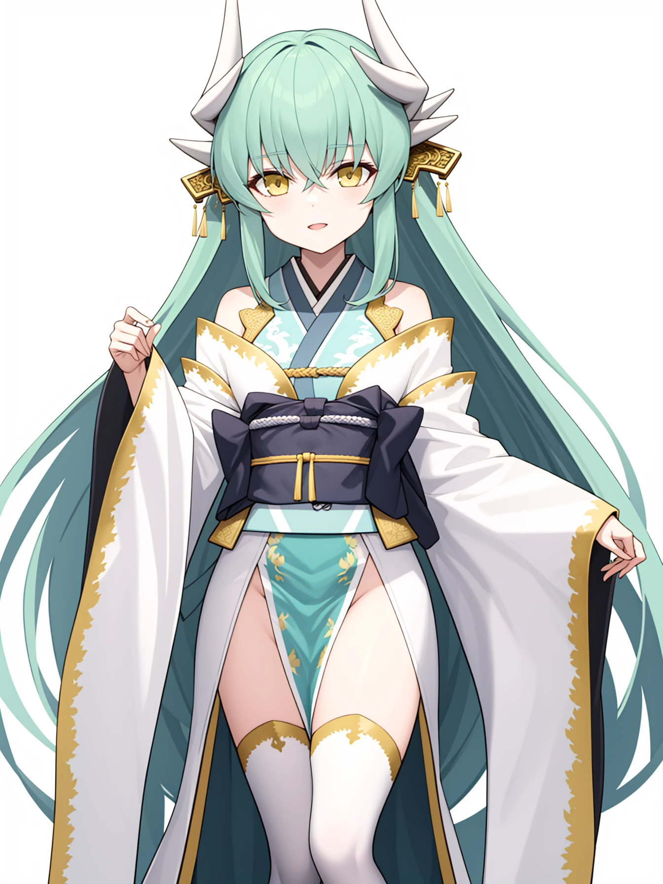 <lora:æ¸å§¬-000011:1:lbw=char>,kiyohime \(fate\),long hair,horns,dragon horns,yellow eyes,green hair,japanese clothes,kimono,dragon girl,white thighhighs,aqua hair,sash,multiple horns,, 1girl,
,  (masterpiece,best quality:1.2),absurdres