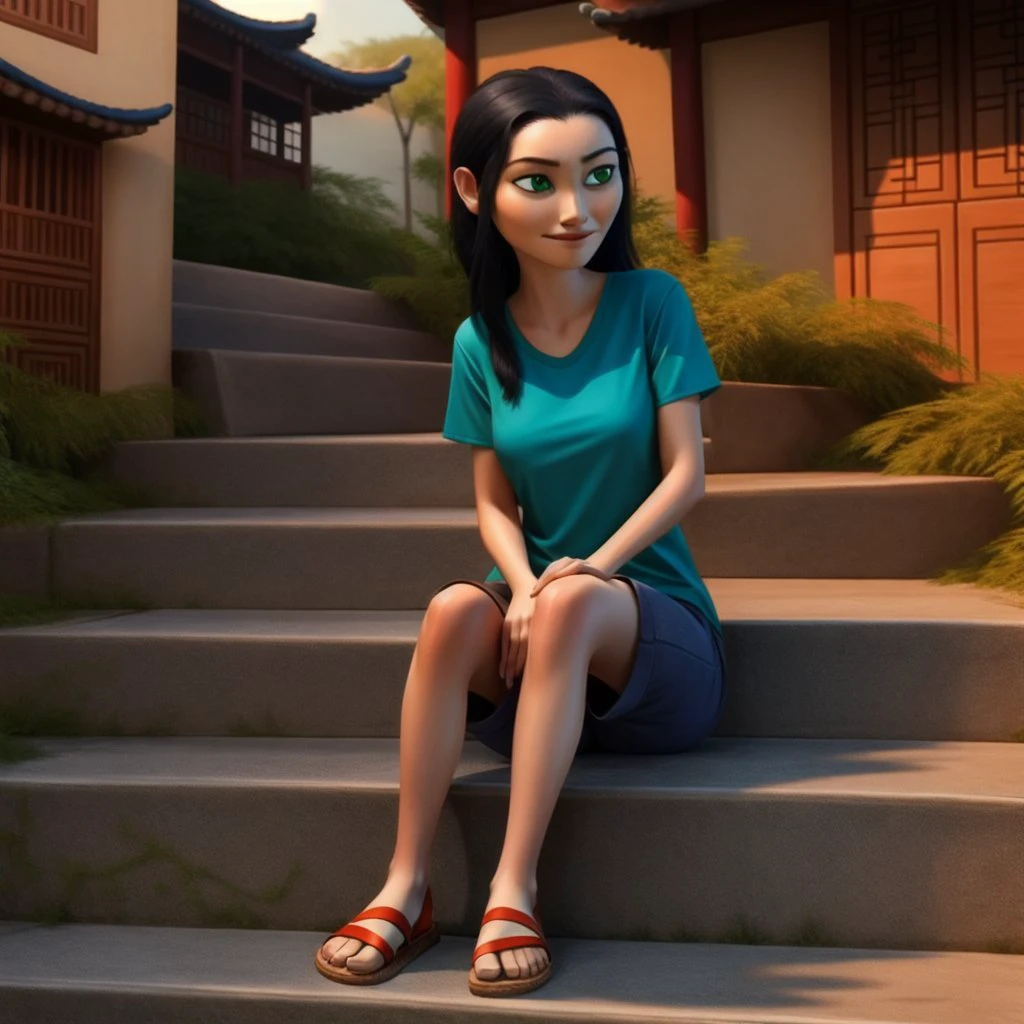 <lora:foxtale_foxgirl:0.5>
foxtale_foxgirl, masterpiece, solo, 1girl, female, 3d, human, black hair, long hair, asian, green eyes,
clothed, shirt, pants, geta sandals, chinese village, sitting on stair