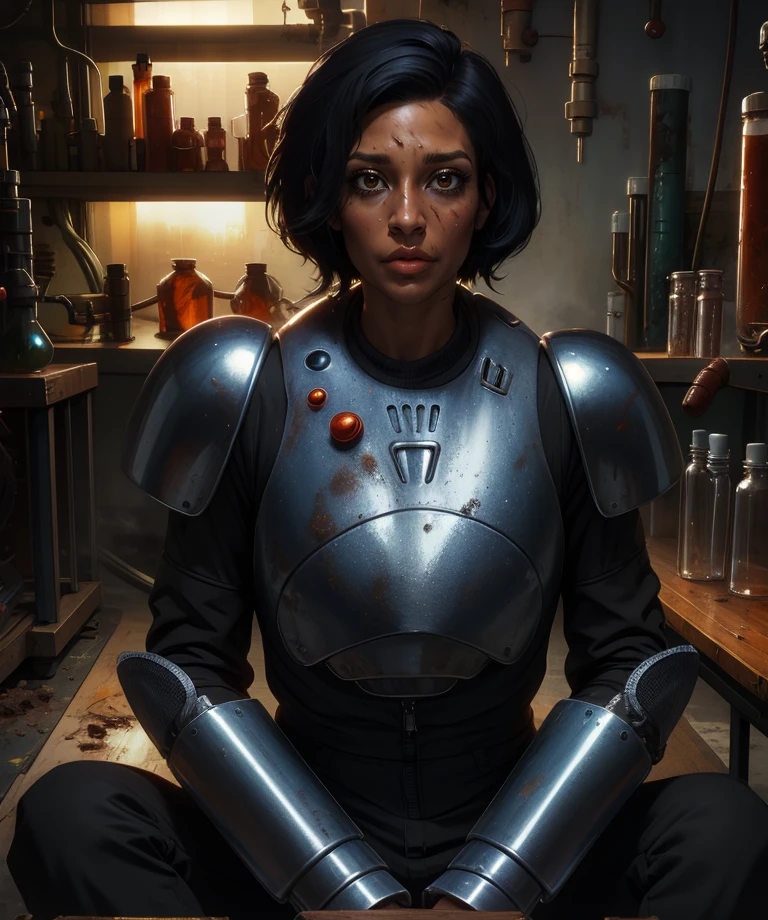 isabel,black hair,very short hair,messy hair,dirty face,lips,
black jumpsuit,armor,shiny,looking at viewer,
sitting, sweat,
laboratory,science fiction,
(insanely detailed, masterpiece, best quality),<lora:MechanistIsabelcruz:0.8>,