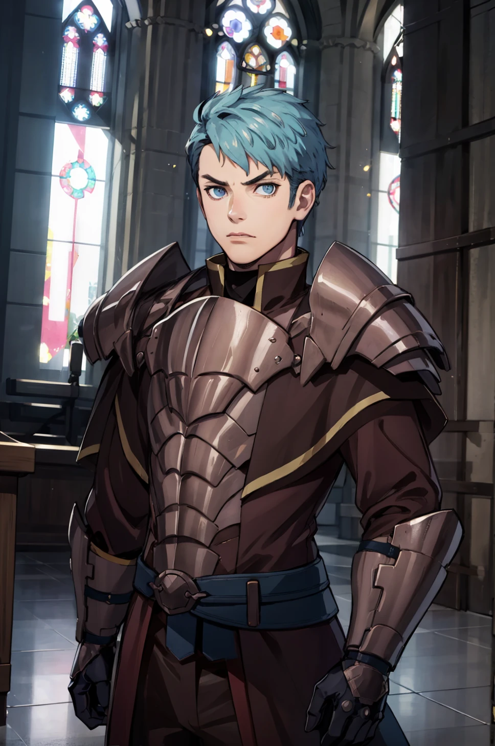 masterpiece, cathedral, windows, sunlight, 1boy, solo, upper body, standing, looking at viewer, serious, <lora:CasparFE3H:0.75> warCaspar, armor