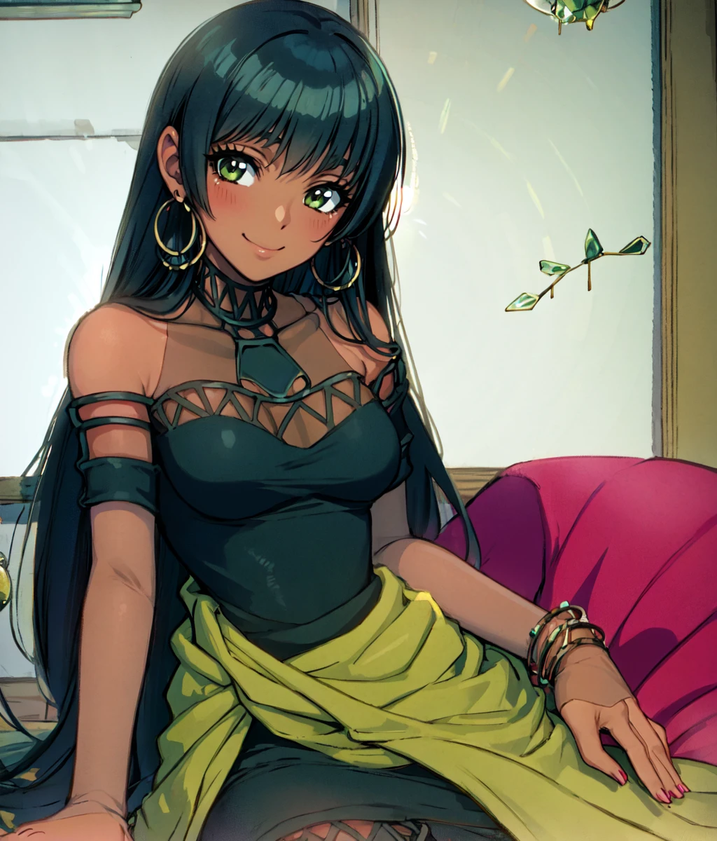 Amazing portrait of a sexy middle eastern woman with lots of jewellery wearing a green blouse and skirt with amazing makeup emphasizing her beautiful face and kind eyes while doing an intimate dance with a traditional look
