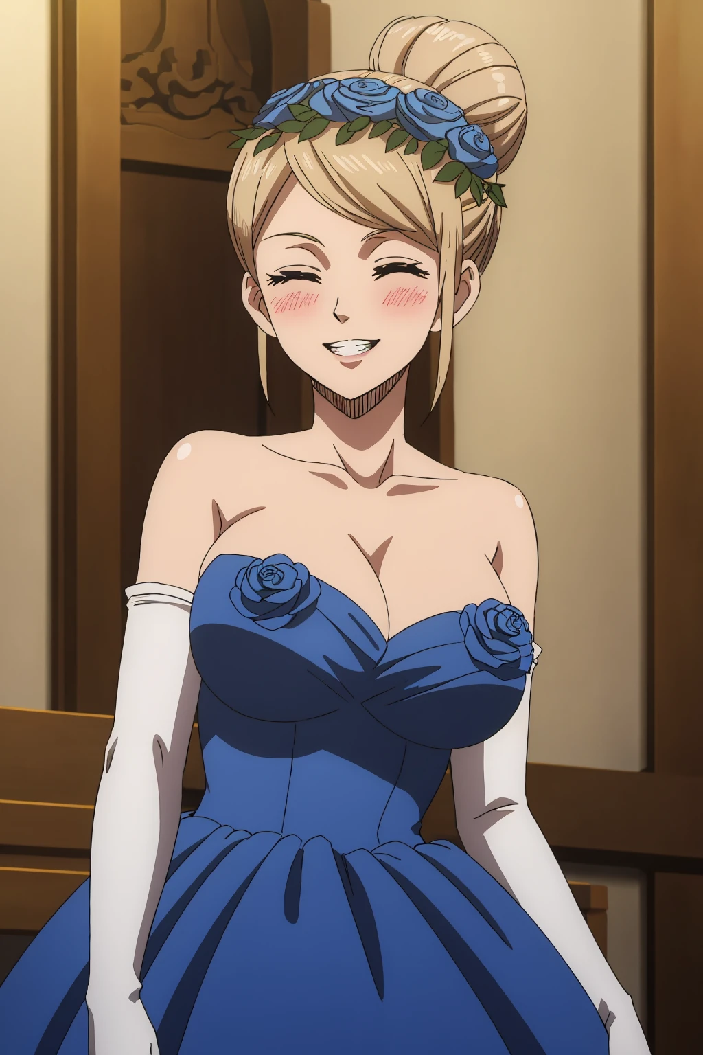 ((best quality)),((highly detailed)),masterpiece,absurdres,detailed face,beautiful face,(detailed eyes, deep eyes),1girl,((dynamic pose)), <lora:CharlotteV1:0.7>Charlotte, dress, solo, blonde hair, gloves, breasts, elbow gloves, closed eyes, cleavage, large breasts, flower, clenched teeth, blue dress, teeth, white gloves, bare shoulders, single hair bun, strapless, rose, hair bun, blush, hair up, blue rose, blue flower, hair ornament, strapless dress, hair flower, standing, collarbone, smile, indoors, short hair, head wreath