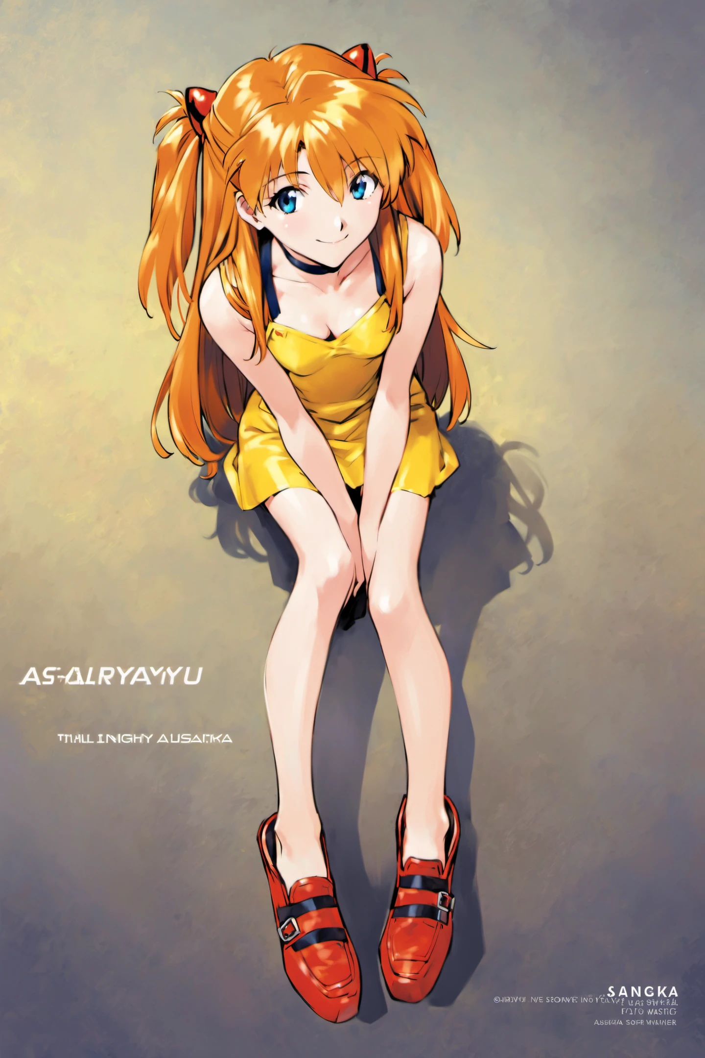 1girl, souryuu asuka langley, yellow dress, dress, solo, shadow, long hair, blue eyes, breasts, gradient, orange hair, gradient background, smile, choker, sitting, shoes, bangs, full body, cleavage, looking at viewer, copyright name, small breasts, bare shoulders, from above, two side up, yellow background, v arms, light smile, sleeveless, hair ornament, closed mouth, character name, english text, sleeveless dress,<lora:Sadamoto Yoshiyuki_XL_V2:0.8>
