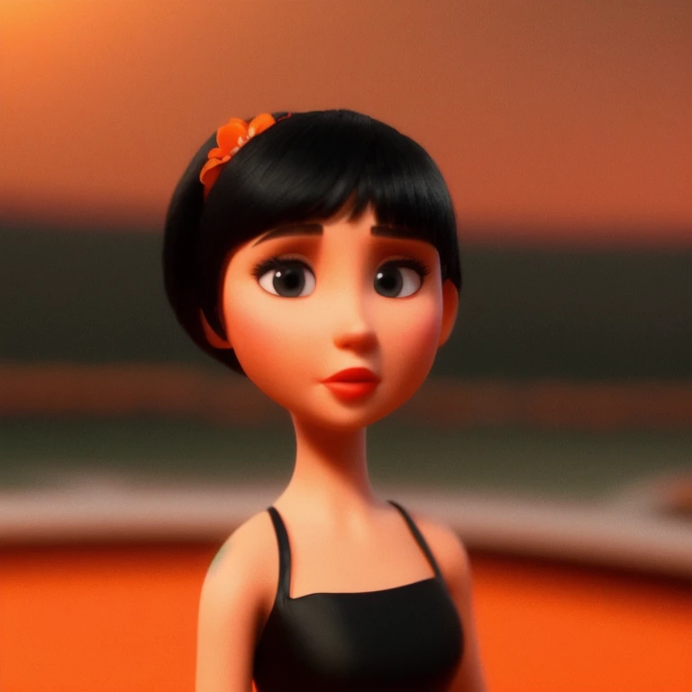 cinematic film still 3d cartoon for a 1girl,hair with bangs,black long dress,orange background, . shallow depth of field, vignette, highly detailed, high budget, bokeh, cinemascope, moody, epic, gorgeous, film grain, grainy
