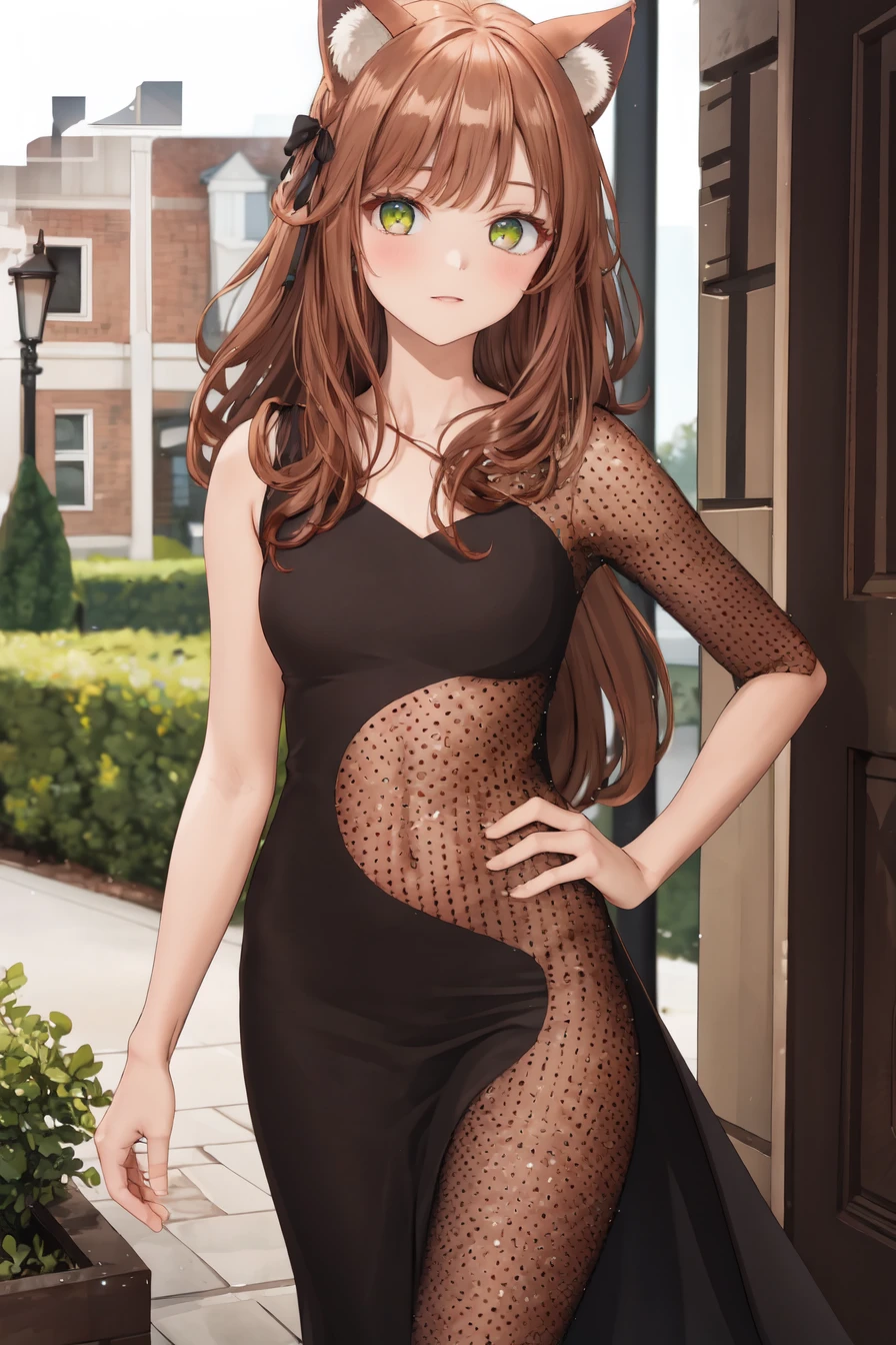 masterpiece,best quality,highres,ultra-detailed,(facing_viewer:1.1),cowboy_shot,solo,1girl,small_breasts,straight_long_hair,standing,outdoors,garden,cherry blossom trees,black dress,pantyhose,see-through,<lora:side_see_through_dress:1>,kanade,cat girl,cat ears,light brown hair,very long hair,green eyes,medium breasts,<lora:Character_被åè
éä¼éé¤çé¦ç¸ä½¿-å¥:0.8>,