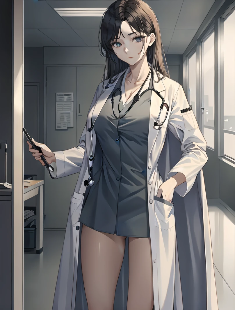((masterpiece, best quality, high quality)),1girl, (lower body, hospital), <lora:doctor_uniform_v1:0.8> (doctor_uniform, labcoat, stethoscope, doctor),