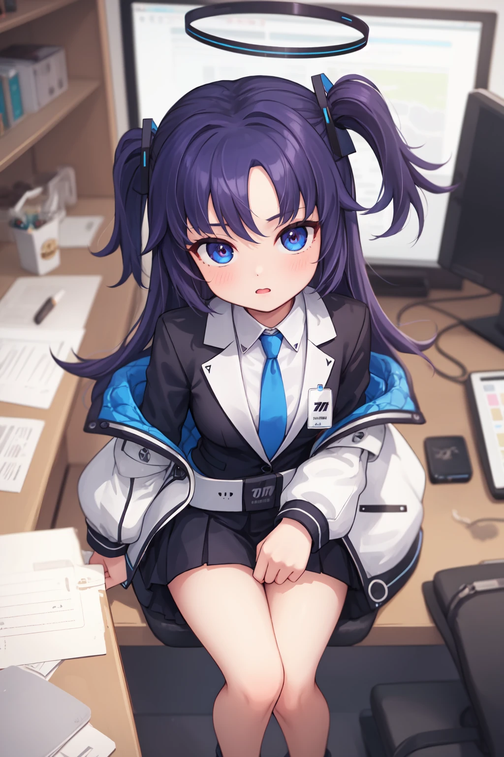 masterpiece, best quality, 1girl, solo,  <lora:SeeDark_Style_v11:1>, <lora:yuuka_(blue_archive):1>, office, aayuuka,halo,blue eyes,purple hair,long hair,two side up,bangs,(white jacket:1.2),blue necktie,black jacket,collared shirt,id card,black gloves,belt,black skirt,black socks,shoes,black footwear, sitting, studying, pov, looking up at viewer,