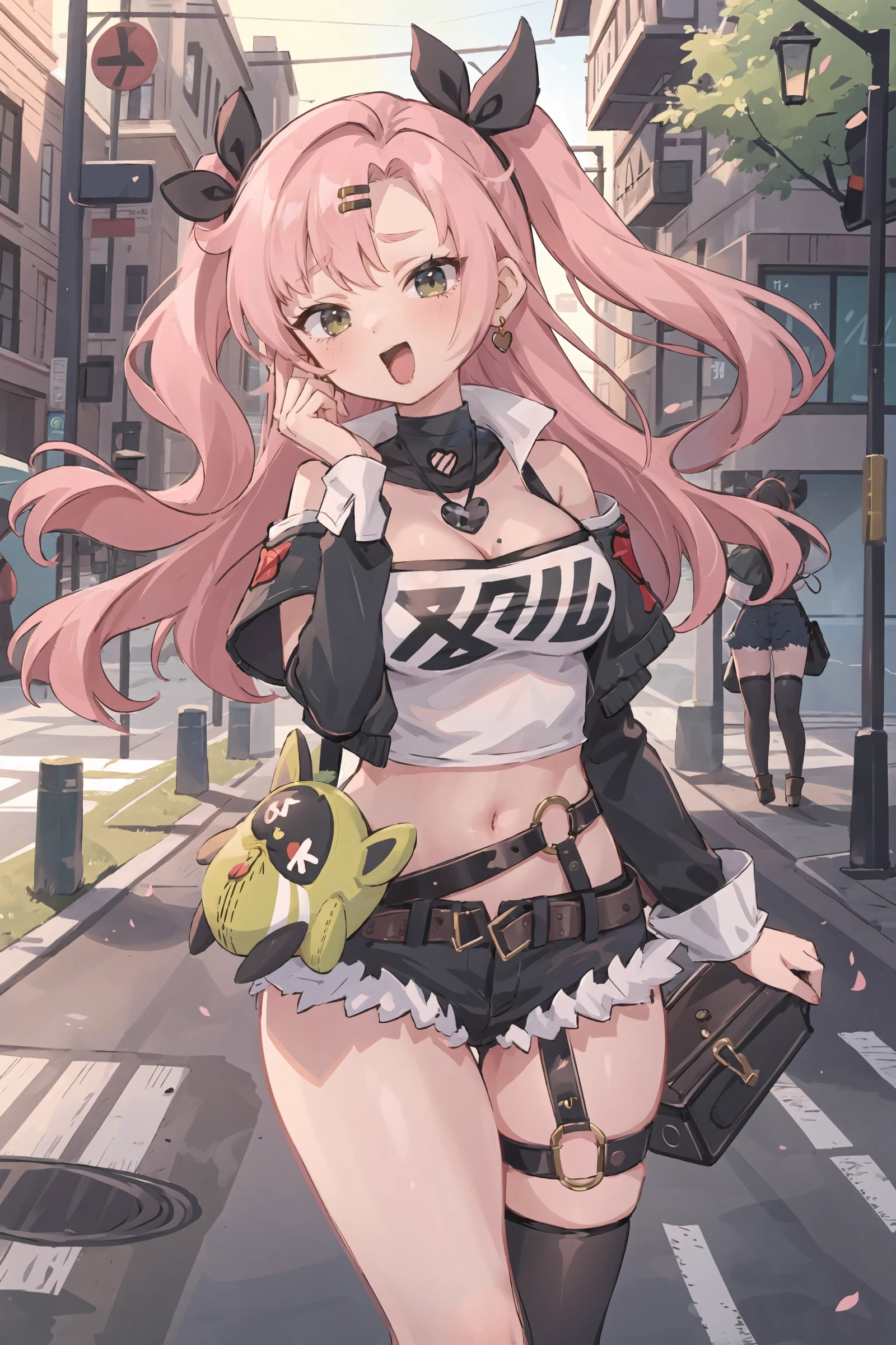 1girl, nicole demara, tube top, single thighhigh, short shorts, cropped jacket, hair ribbon, hairclip, earrings, high belt, detached sleeves, doll, black collar, cowboy shot, standing, smug, open mouth, looking at viewer, hand in own hair, floating hair, outdoors, street, <lora:face-Smug:0.9>, masterpiece