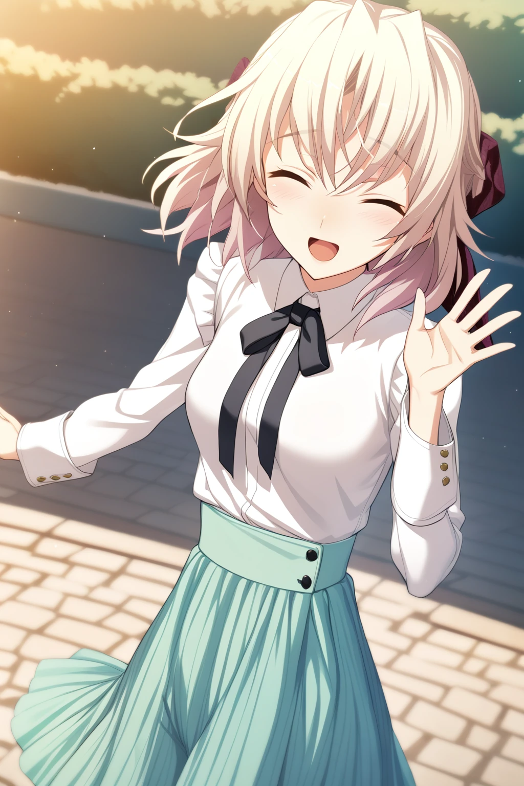 1girl,kagamigawa noelle,hair bow,summer outfit,solo,masterpiece,best quality,game cg,happy,open mouth,closed eyes,^o^,waving,<lora:KagamigawaNoelleXL:1>,