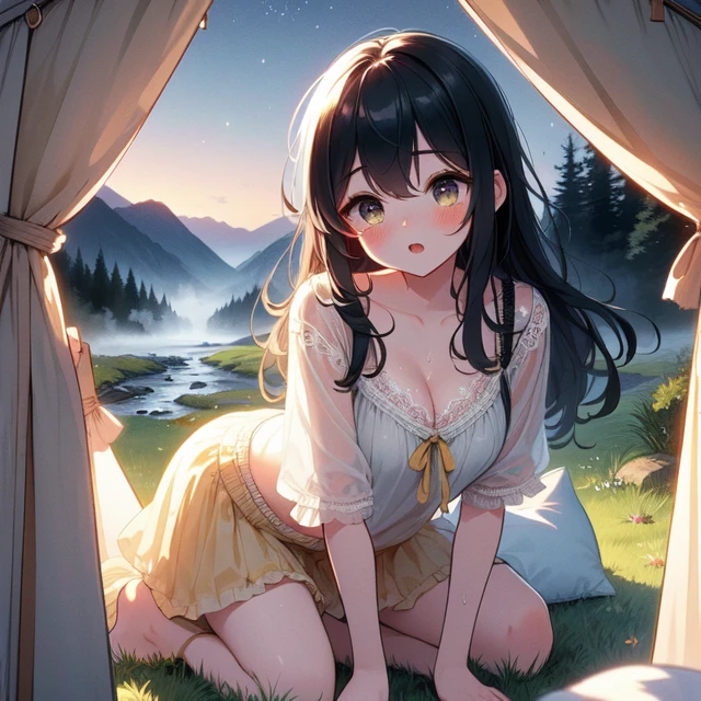 (((masterpiece))), (((best quality))), (((half body))), ((camping tent)), (((open door curtain))), ((holding pillow)), ((yellow frills chiffon pajamas)), (((night))), moon, ((wind)), solo, 1girl, ((kneeling on grass)), cleavage, big tits, collarbone, ((sweat)), ribbon, black longhair, open mouth, rosy lips, shy, blush, sleepy, grass, valley, forest, fog,<lora:EMS-272345-EMS:1.000000>