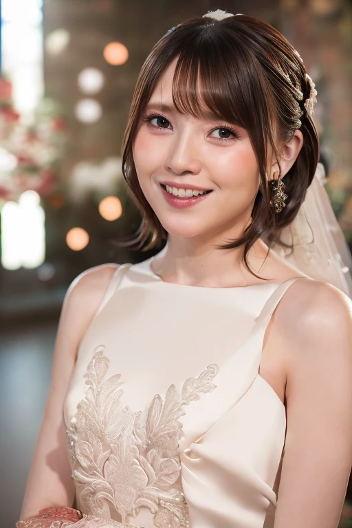 1girl, (solo:2.0),(wedding dress:1.8),(RAW photo, best quality), (realistic, photo-realistic:1.4), masterpiece, an extremely delicate and beautiful, extremely detailed, 2k wallpaper, Amazing, finely detail, extremely detailed CG unity 8k wallpaper, ultra-detailed, highres, , beautiful detailed girl, extremely detailed eyes and face, beautiful detailed nose, beautiful detailed eyes,(natural cinematic light:1.8),(in the church:1.8),perfect anatomy,(slender body:1.8),(close up face:2.2),(gently smile, friendly, warm:1.8), (brown eyes:1.8),(shoulder length straight hair:1.8),(standing:2.0), <lora:kitouakari_lora-23:1.0>