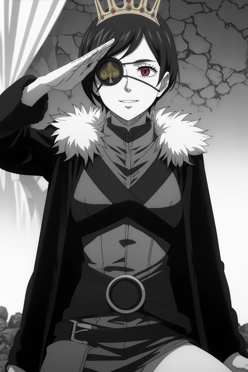 ((best quality)),((highly detailed)),masterpiece,absurdres,detailed face,beautiful face,(detailed eyes, deep eyes),((dynamic pose)), 1girl, <lora:VanicaV1:0.7>Vanica, eyepatch, solo, short hair, black hair, smile, fur, belt, gloves, sitting, salute, shading eyes, red eyes, crown, cape, long sleeves, buckle, short dress, closed mouth, dress, scar, looking at viewer, jacket, sepia, bangs, swept bangs, belt buckle, high collar, coat, skirt, parted bangs, breasts, turtleneck, uniform, tiara, cloak, miniskirt