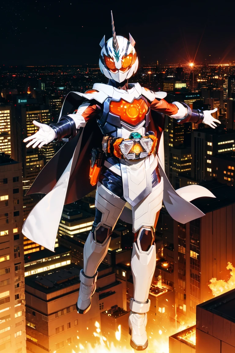 majade, solo, 1girl, mature female, perfect female body, narrow waist,wide hip,gloves, female focus, bodysuit, helmet, glowing eyes, orange eyes,boots, cape,tokusatsu, kamen rider,rider belt,horns, armor, unicorn,white ring,pelvic curtain,full body shot,cape,floating,casting magic,telekinesis, floating objects,arm raised, outstretched arms, on rooftop,city background, hdr,bokeh,depth of field,night, <lora:majade:0.7>
