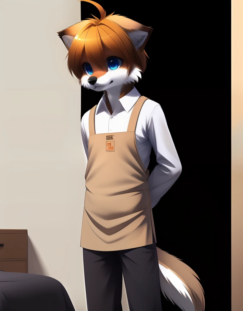 (((detailed eyes, detailed face))), (furry, gaku <lora:character_gaku_findigo_v2:1>, short hair, ahoge, dog boy, snout, half-closed eyes), male, (solo), (skinny, tall), (brown apron, [grey pants]), standing, (arms behind back), smile BREAK (konzaburou, ukan_muri), bedroom, (flat shading, flat color, high brightness), 8k, UHD, masterpiece, (full body)