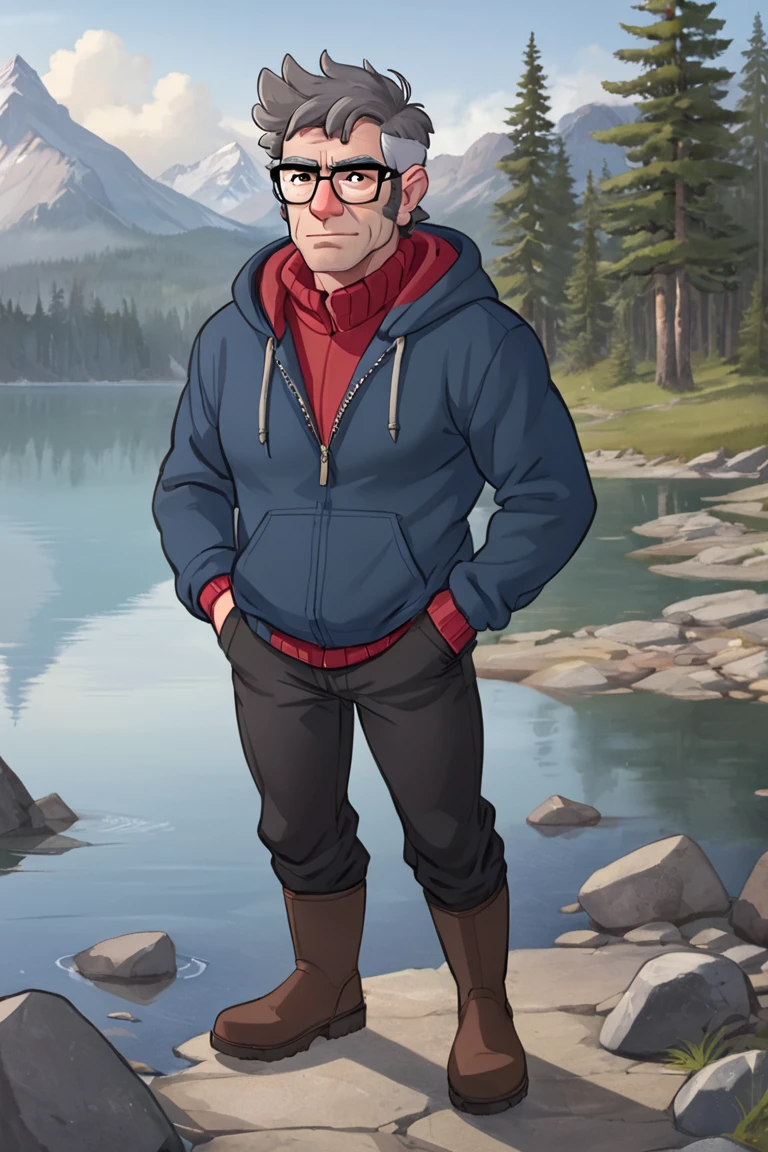 fordpines, 1boy, solo, male focus, mature male, old man, full body, muscular, short hair, grey hair, brown eyes, thick eyebrows, glasses, black-framed eyewear, facial hair, stubble, sideburns, open clothes, red sweater, blue hoodie, black pants, brown boots, standing, outdoors, lake, shore, stones, fir-tree, mountains <lora:Stanford (Ford) Pines SDXL_LoRA_10r_10e_32i_nr32_a16_SDXL:0.7>