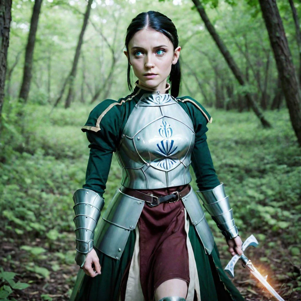 Extremely pale elf ranger woman, thin, muscular, smaller breasts, green/maroon attire, modest, feminine, gothic, longsword, small axe, ArmoredDress, long black hair, ponytail, blue eyes, in a bayou, D&D, wide angle, DSLR