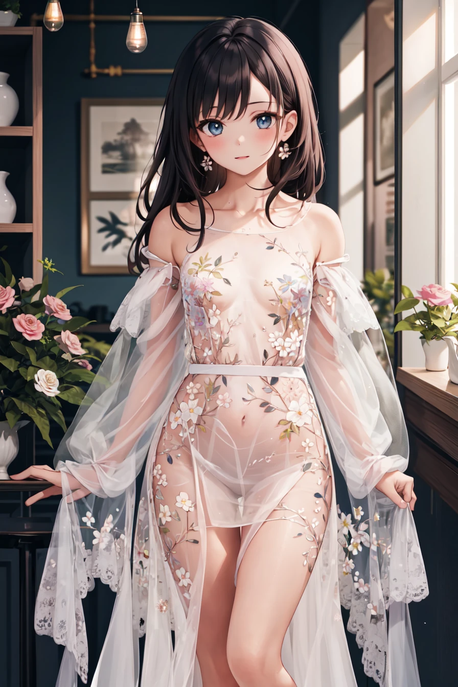masterpiece,best quality,highres,ultra-detailed,(facing_viewer:1.1), cowboy_shot, solo, 1girl, small_breasts, straight_long_hair, standing, indoors, coffee shop,floral_see_through_dress, see-through dress, flower, bare shoulders, <lora:SelfTraining_æç¦®æ-ç¢è±éè¦é£è¡£è£:1>