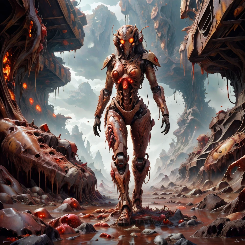 <lora:RottenTech-30:0.8>,rottentech , scifi,biohazard, filthy, melting ,
synthetic girl , full body, on a hill, long hair, epic scenery , standing,