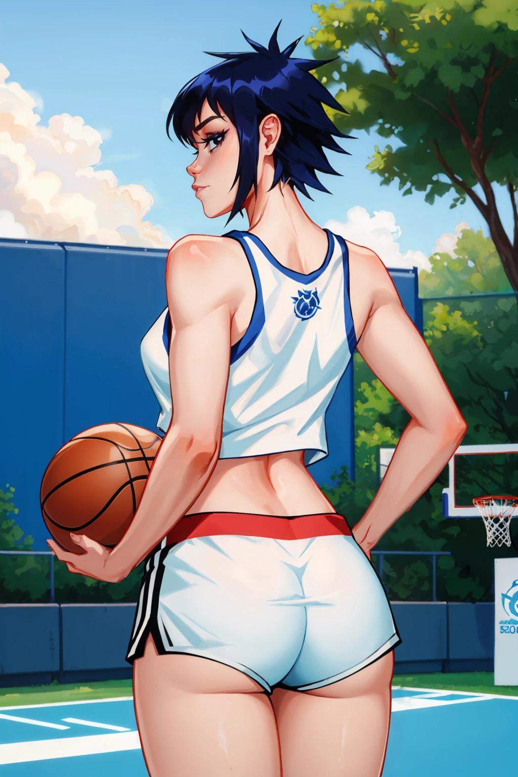 masterpiece, best quality,1girl, solo, looking at viewer, breasts,  <lora:noodlegorillaz-guy-v3:.95>, noodlegorillaz, blue hair, collarbone, black eyes, tank top, shorts, white shorts, midriff peek, from behind, dolphin shorts, white shirt, outdoors, basketball court, ass, underbutt,