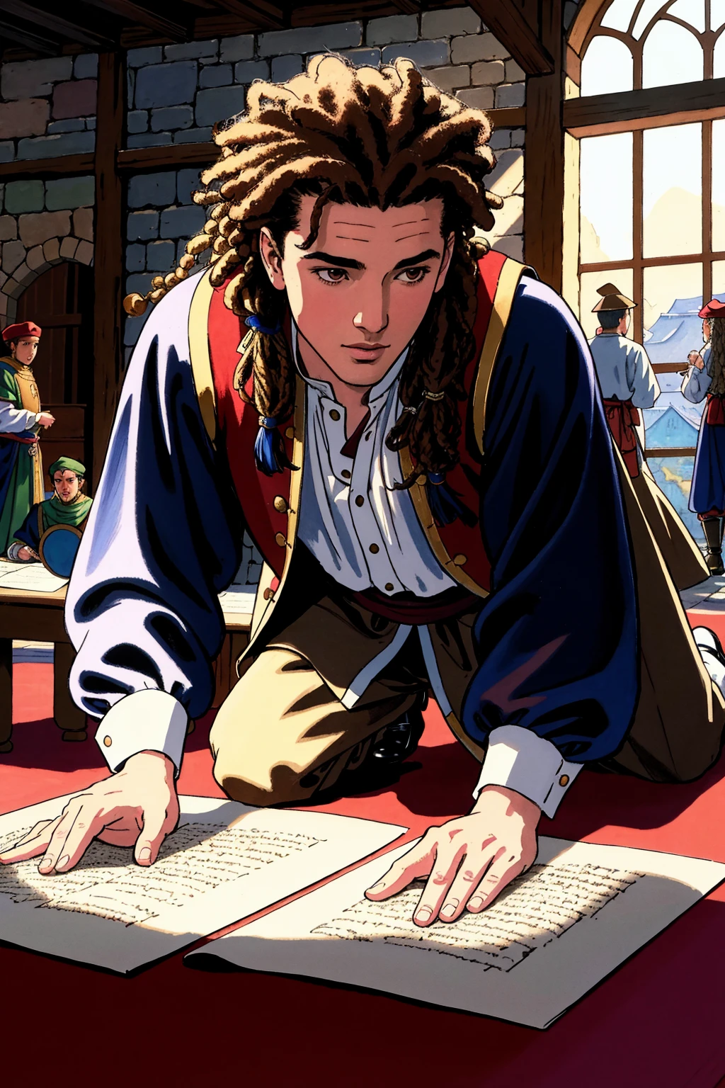 masterpiece of illustration, photorealistic highly detailed professional 8k traditional media image, best hand-drawn quality, volumetric real-time lighting and shadows, Objective Shot, Male Explorer, Swimmer's Body Shape, Medieval Court Minstrel Attire, Dreadlocks, Push-Up Position, Historical Silk Road Markets, full of busy people