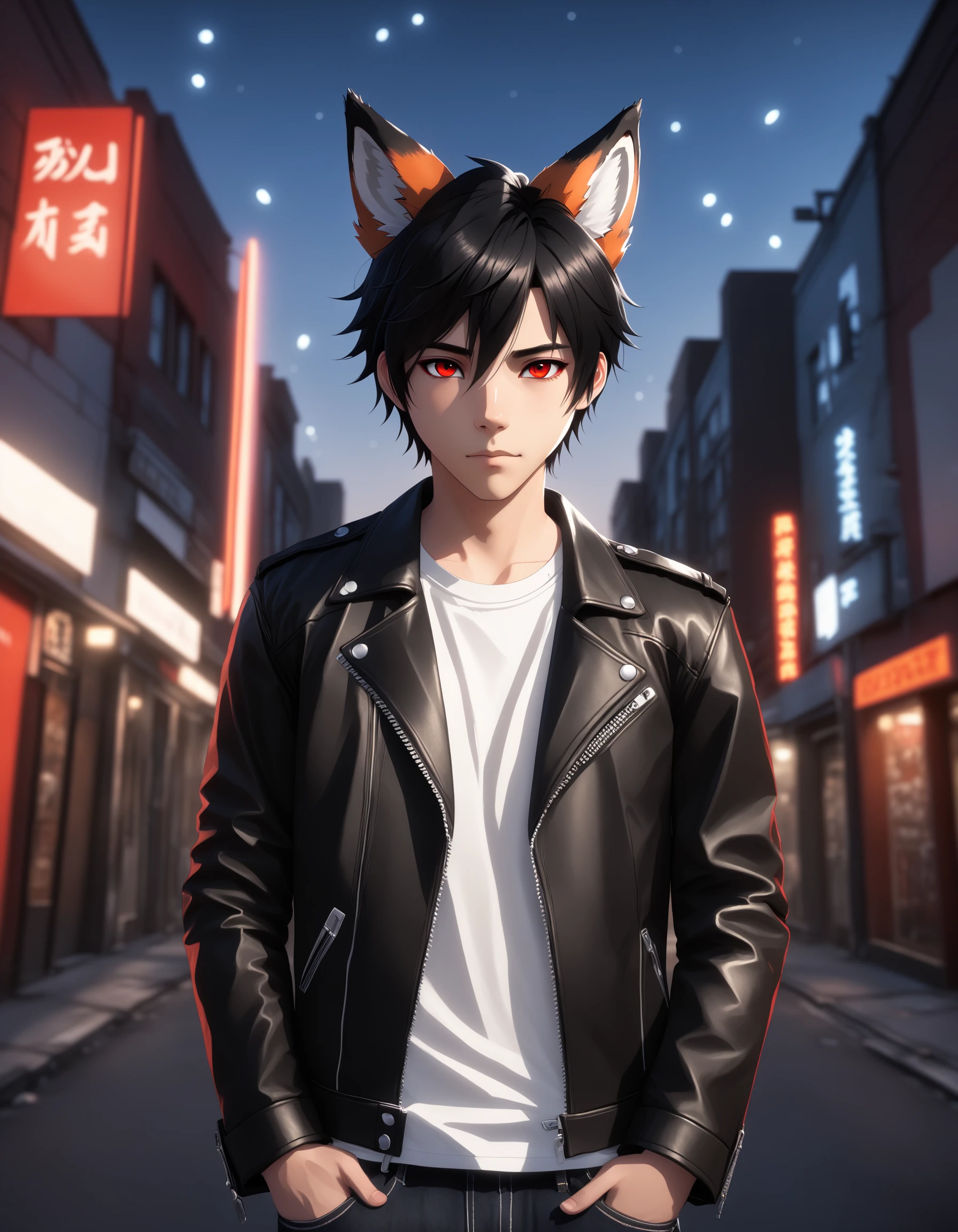 1boy, male focus, solo, red eyes,  animal ears, fox ears,  black hair, leather jacket, white shirt, denim pants, outdoors, cinematic lighting, cinematic angle, masterpiece, best quality