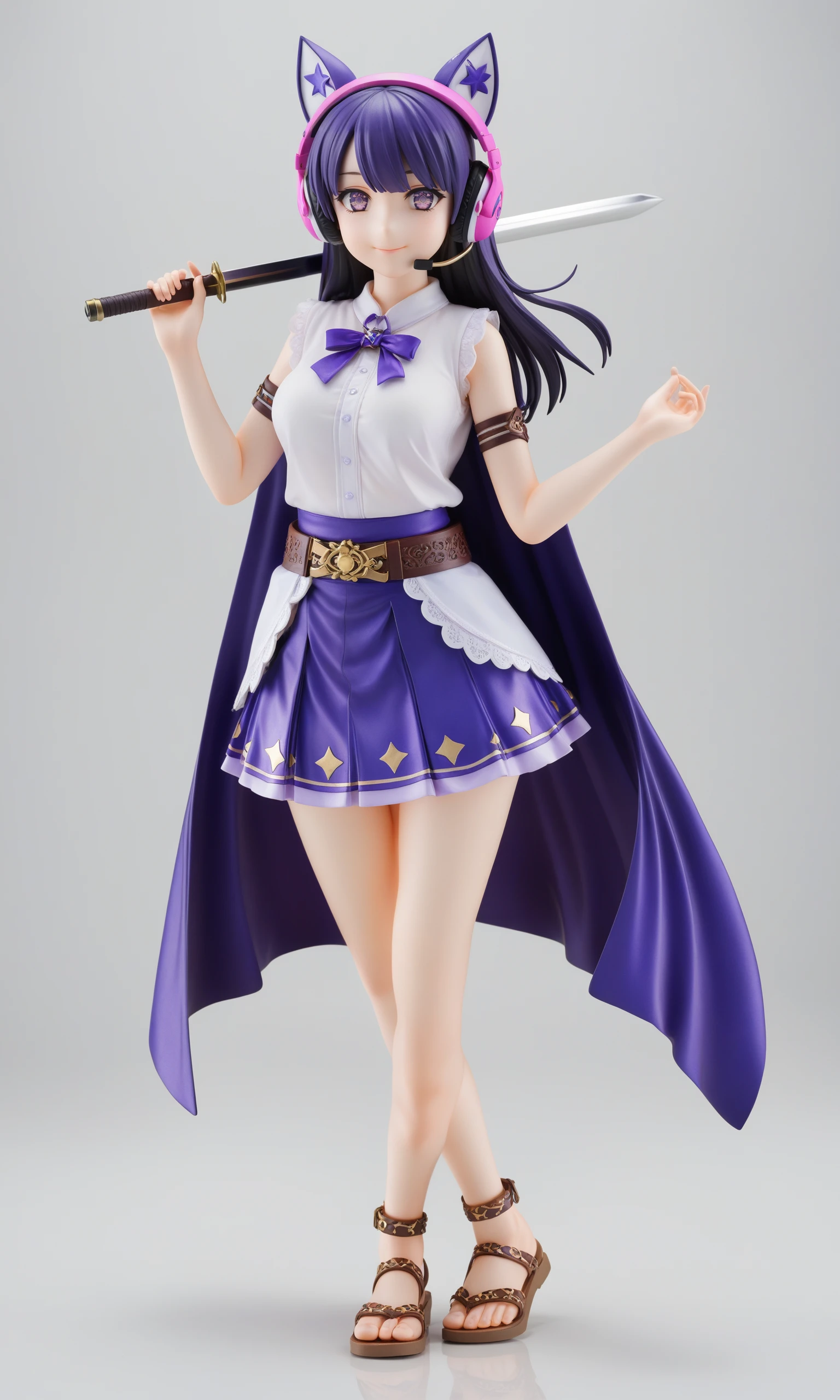 toyosatomimi no miko,1girl, solo, smile, purple_skirt, earmuffs, white_background, bracelet, simple_background, full_body, closed_mouth, looking_at_viewer, holding, sleeveless_shirt, blouse, belt, ritual_baton, sword, sparkle, purple_cape, blush, sandals, anklet, standing_on_one_leg, sheath, gold
<lora:toyosatomimi_no_miko_image4798_2023-12-20-000009:1>,star-shaped_pupils,symbol-shaped_pupils,. gorgeous,key visual, vibrant, studio anime,award-winning, professional, highly detailed,high budget, cinemascope