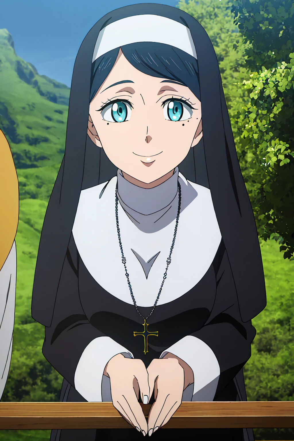 ((best quality)),((highly detailed)),masterpiece,absurdres,detailed face,beautiful face,(detailed eyes, deep eyes),1girl,((dynamic pose)) , <lora:LilyV1:0.7>Lily, nun, solo, habit, jewelry, ((closed eyes)), cross, necklace, tree, black hair, open mouth, cross necklace, smile, sky, day, long hair, outdoors, sunlight, dappled sunlight, cloud, ^_^, upper body, blurry, blue sky, :d, mole, hand on face
