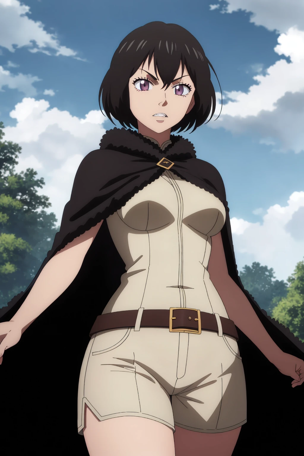 ((best quality)),((highly detailed)),masterpiece,absurdres,detailed face,beautiful face,(detailed eyes, deep eyes),1girl,((dynamic pose)) ,  <lora:MariellaV1:0.7>, Mariella, solo, black hair, short hair, breasts, purple eyes, cape, teeth, medium breasts, belt, cloud, tree, sky, bob cut, fur trim, cloudy sky, outdoors, serious, dress, shorts
