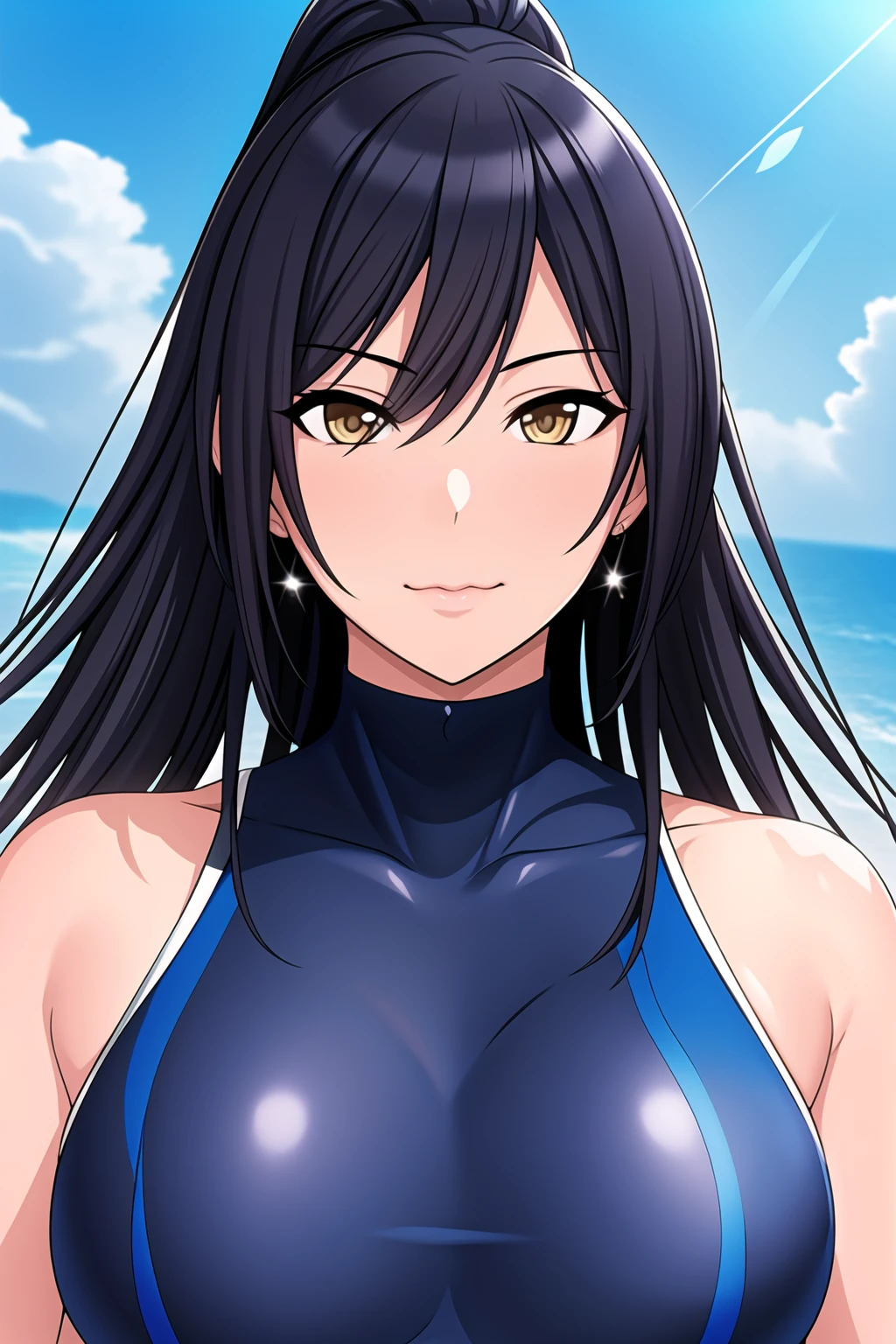 Simple blue Background,water,waves,sky, pool,
competition swimsuit, one-piece swimsuit,
<lora:Shirase_Sakuya_Swimsuit_IDOLMaSTER-KK77-V1:0.7>,
brown eyes, black hair,bangs,very Long hair,
<lora:Oda_Non_Style-KK77-V2:0.3>,<lora:more_details:0.1>,
1 girl, 20yo,Young female,Beautiful long legs,Beautiful body,
Beautiful Nose,Beautiful character design, perfect eyes, perfect face,expressive eyes,perfect balance,
looking at viewer,(Focus on her face),closed mouth, (innocent_big_eyes:1.0),(Light_Smile:0.3),
official art,extremely detailed CG unity 8k wallpaper, perfect lighting,Colorful, Bright_Front_face_Lighting,White skin,
(masterpiece:1.0),(best_quality:1.0), ultra high res,4K,ultra-detailed,
photography, 8K, HDR, highres, absurdres:1.2, Kodak portra 400, film grain, blurry background, bokeh:1.2, lens flare, (vibrant_color:1.2),professional photograph,
(Beautiful,large_Breasts:1.4), (beautiful_face:1.5),(narrow_waist),