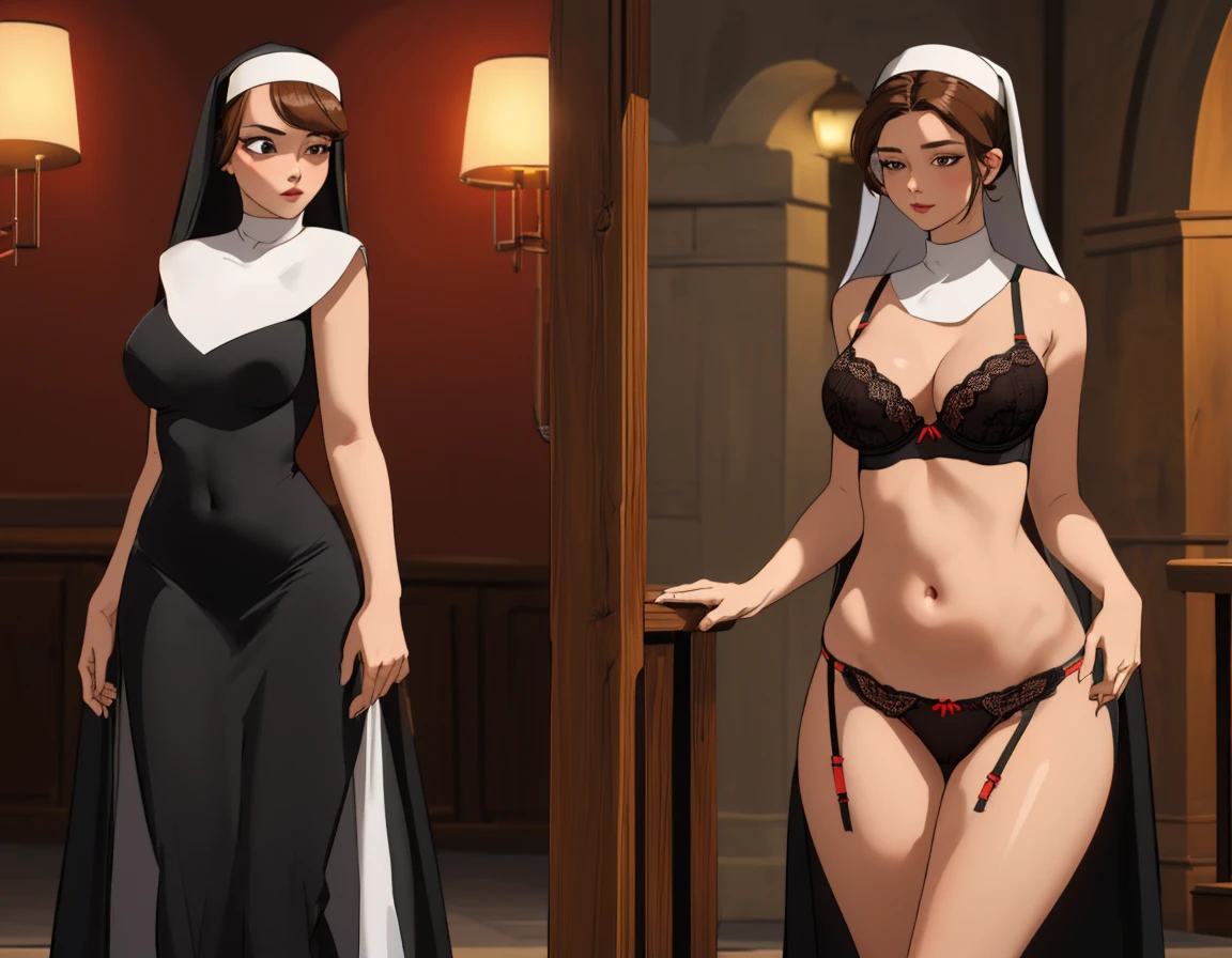 brown hair, ponytail, (nun dress outfit:1.2), comparison, (drundr), clothed and lingerie, panties, bra, navel, belly, <lora:HD Horizon v1_0:0.5>,hd,4k, <lora:drundr_last:1.1>