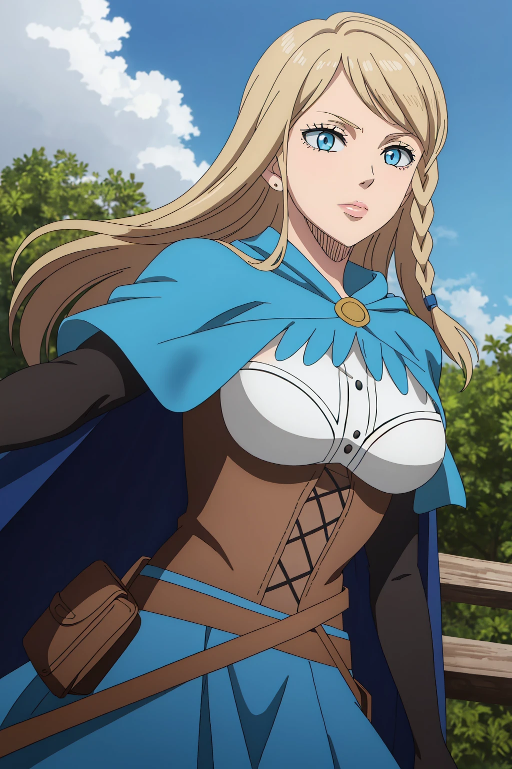 ((best quality)),((highly detailed)),masterpiece,absurdres,detailed face,beautiful face,(detailed eyes, deep eyes),1girl,((dynamic pose)), <lora:CharlotteV1:0.7>Charlotte, solo, blonde hair, braid, blue eyes, long hair, cape, sky, cloud, breasts, corset, belt, day, pouch, skirt, side braid, medium breasts, capelet, large breasts, lips, blue cape, gloves, dress, outdoors, cowboy shot