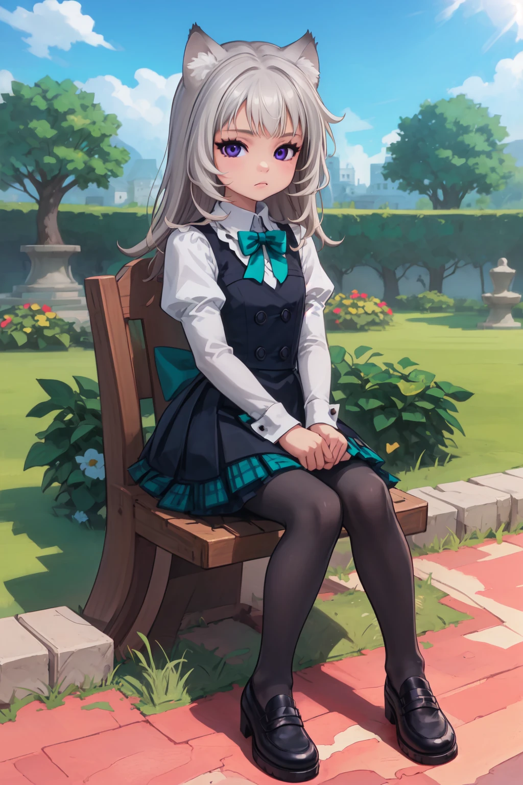 masterpiece, best quality, 1girl, solo, <lora:SeeDark_Style_v11:1>, <lora:Genshin_Little_Lynette_v3:0.7>, long hair, long sleeves, black dress, black vest, white collared shirt, teal bow, cat ears, cat tail, purple eyes, white hair, grey pantyhose, puffy sleeves, teal bowtie, plaid skirt, pleated skirt, black skirt, teal skirt, black loafers, eating biscuits, (outdoors garden:1.5), table, sitting on a chair, (legs crossed:1.3), surrounded by cats, stack of cards, pov, looking at viewer, expressionless, (full body:1.3), young, small girl,