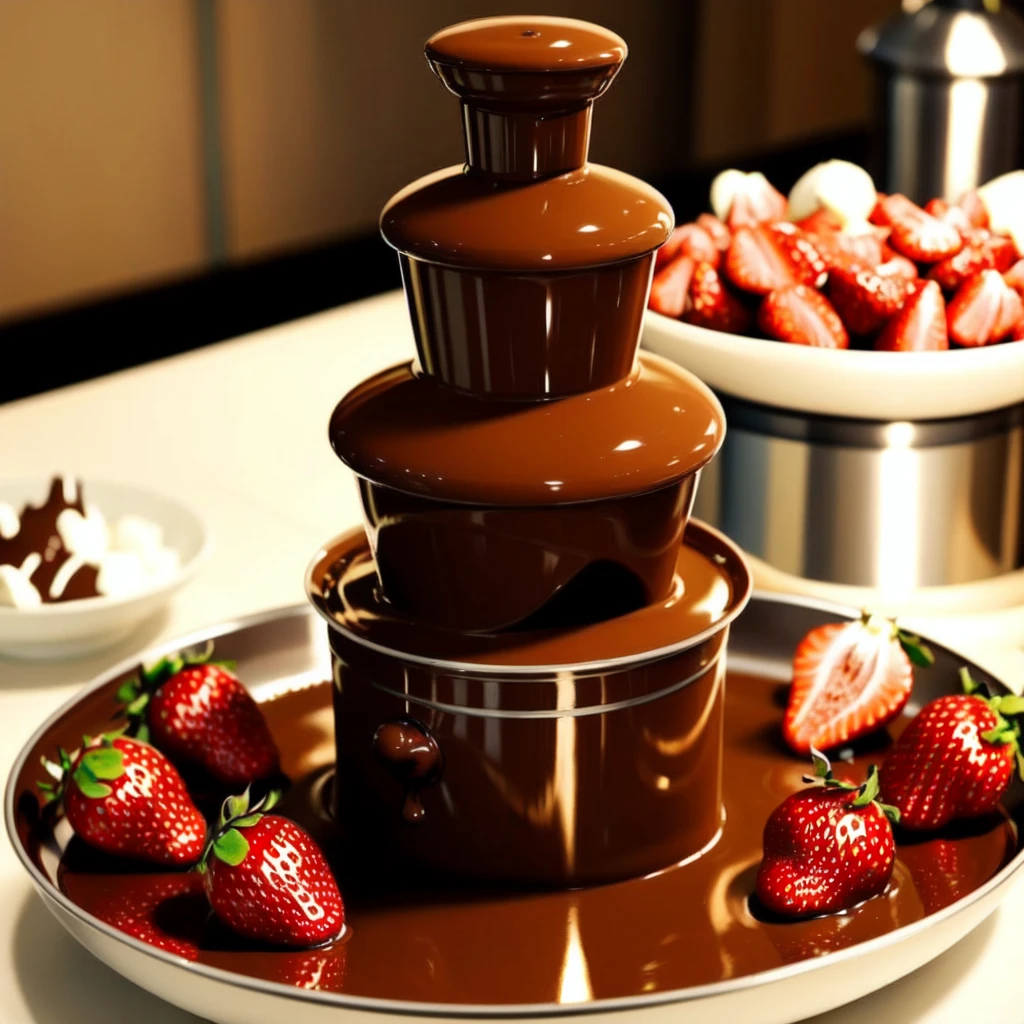 <lora:Chocolate_fountain_v1:0.5>, food, shiny, no humans, reflection, bowl, chocolate, strawberry, food focus, still life, dessert, faucet, CCFT, chocolate fountain