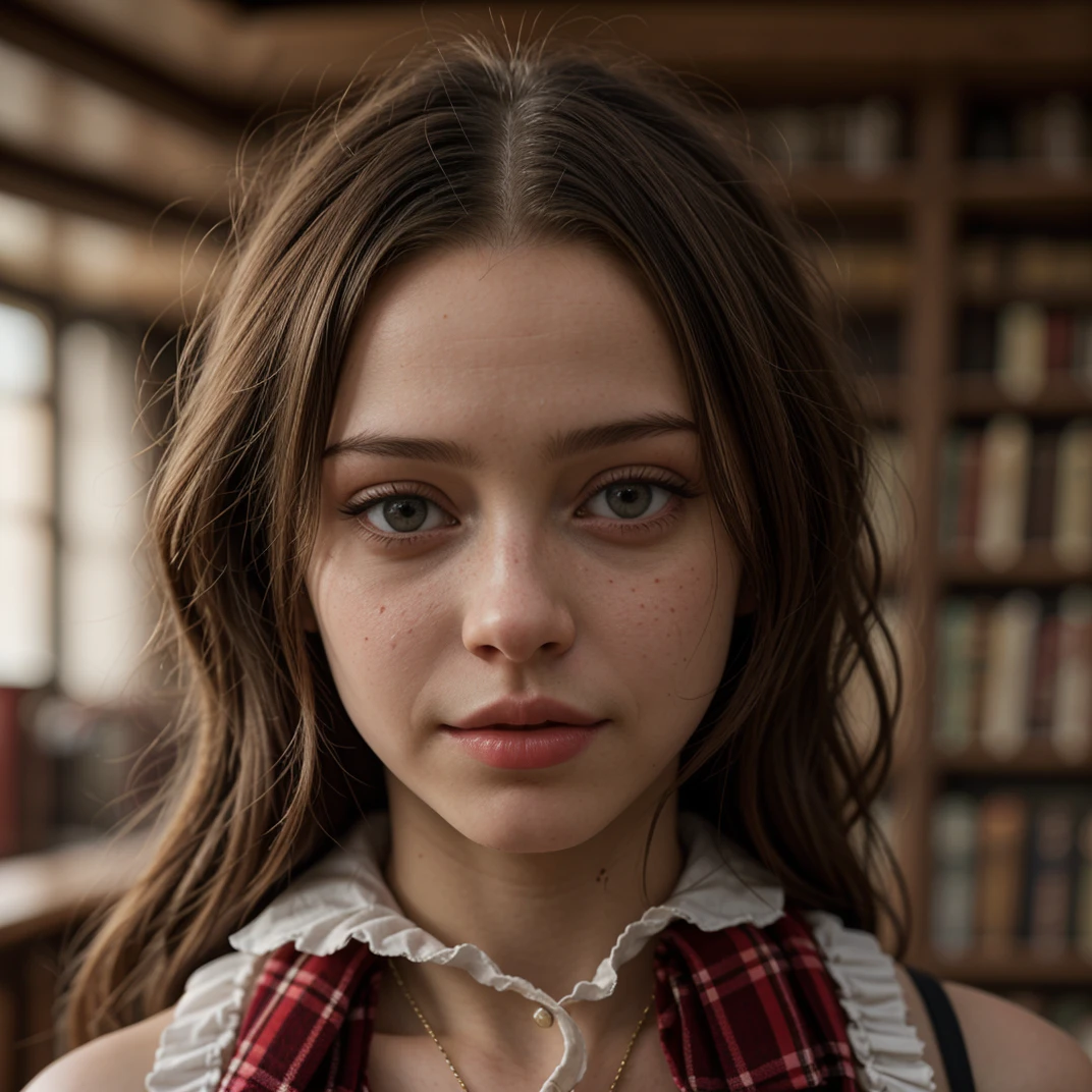 tv_Lydia_Wilson_aka_Lydia_Violet_TT_V1, nikon, scene, full body shot, standing in an old library, wearing a plaid skirt, wearing a white shirt, detailed skin, shot from below, flirting with the camera, epiCRealism, epiCPhoto,, wrinkles:0.2, pores:0.2, <lora:epiNoiseoffset_v2Pynoise:1> Masterpiece, Best Quality, ultrarealistic photography, real life, colorful, amazing, perfect lighting, bright colors, dramatic, dynamic, cinematic lighting, hyperrealism, intricate details, epic, realism, <lora:LCM_LoRA_Weights_SD15:1> <lora:detail_slider_v4:1>