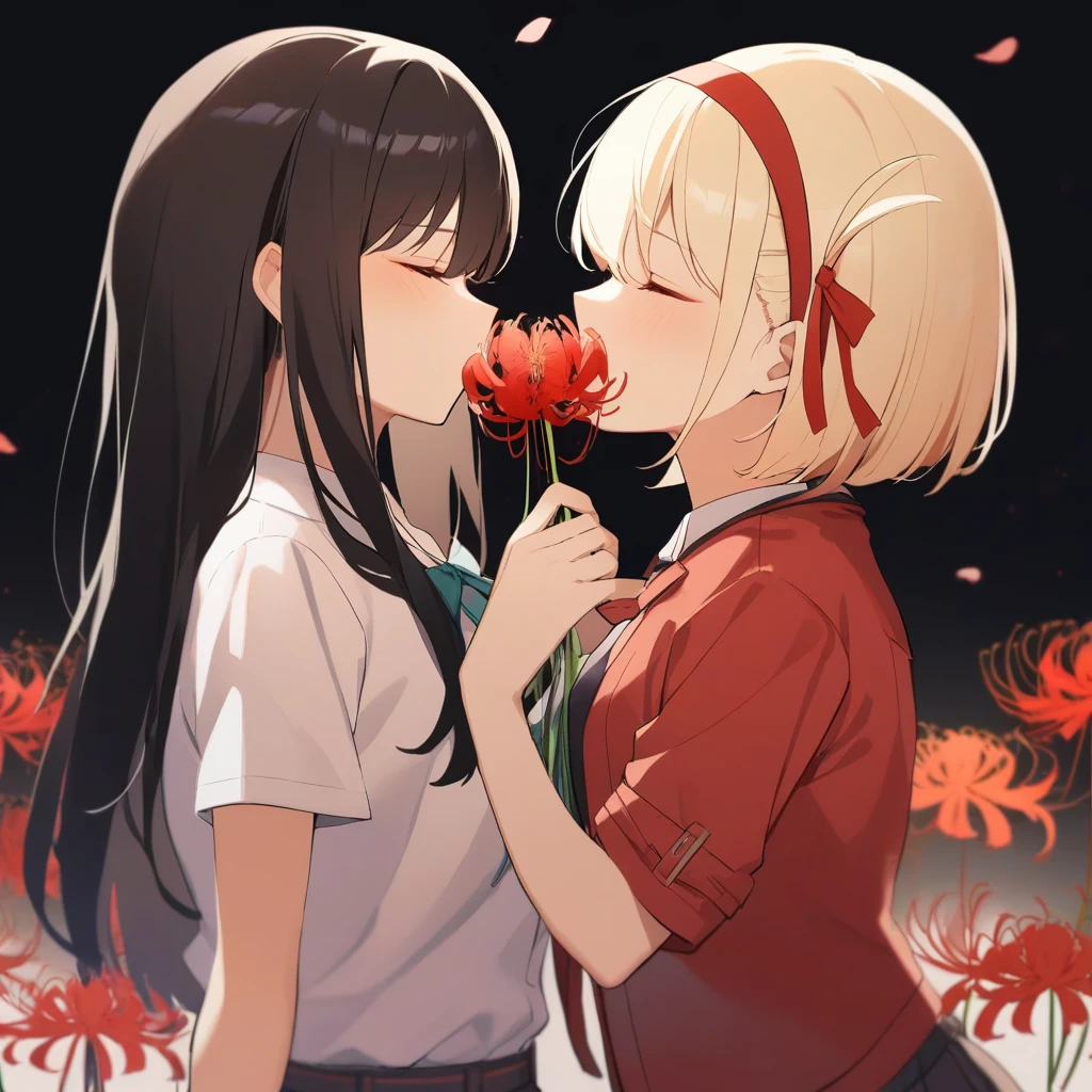 <lora:ly4dim:1>,yuri, flower, nishikigi chisato, closed eyes, 2girls, multiple girls, inoue takina, spider lily, holding flower, shorts, ribbon, shirt, kiss, holding, petals, skirt, white shirt, hairband, red jacket, bow, short sleeves, black background, jacket