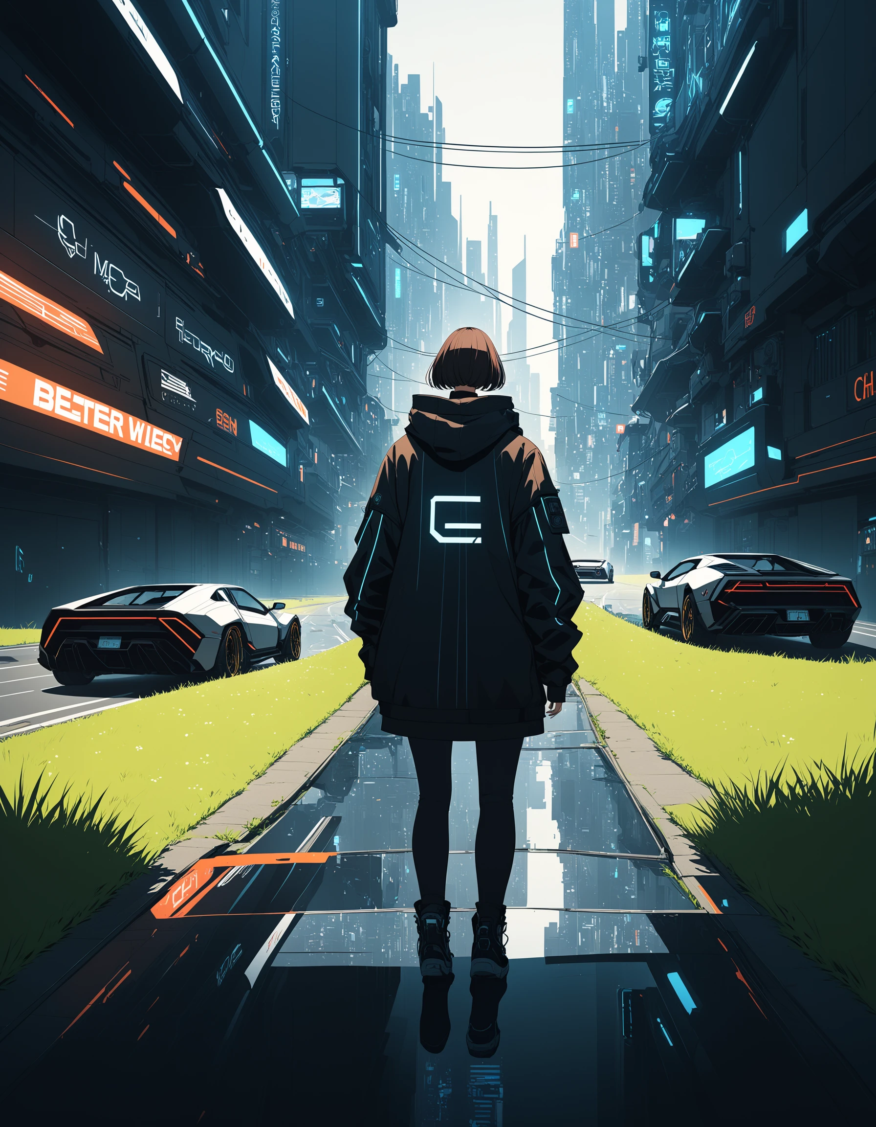 <lora:WallpaperFusionXL:0.8> Wallpaper Fusion, 1boy, 1girl, brown hair, car, city, cyberpunk, from behind, grass, ground vehicle, hood, hood down, jacket, motor vehicle, outdoors, road, short hair, sign, cinematic angle, foreshortening, dark, dark background, masterpiece, best quality