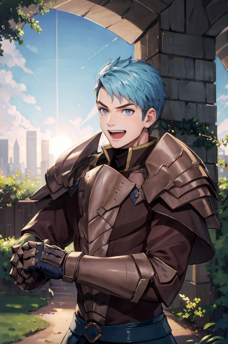 (masterpiece, best quality:1.2), trees, sky, sunlight, 1boy, solo, upper body, smile, open mouth, furrowed brow, fighting stance, <lora:CasparFE3H:0.75> warCaspar, armor, gloves
