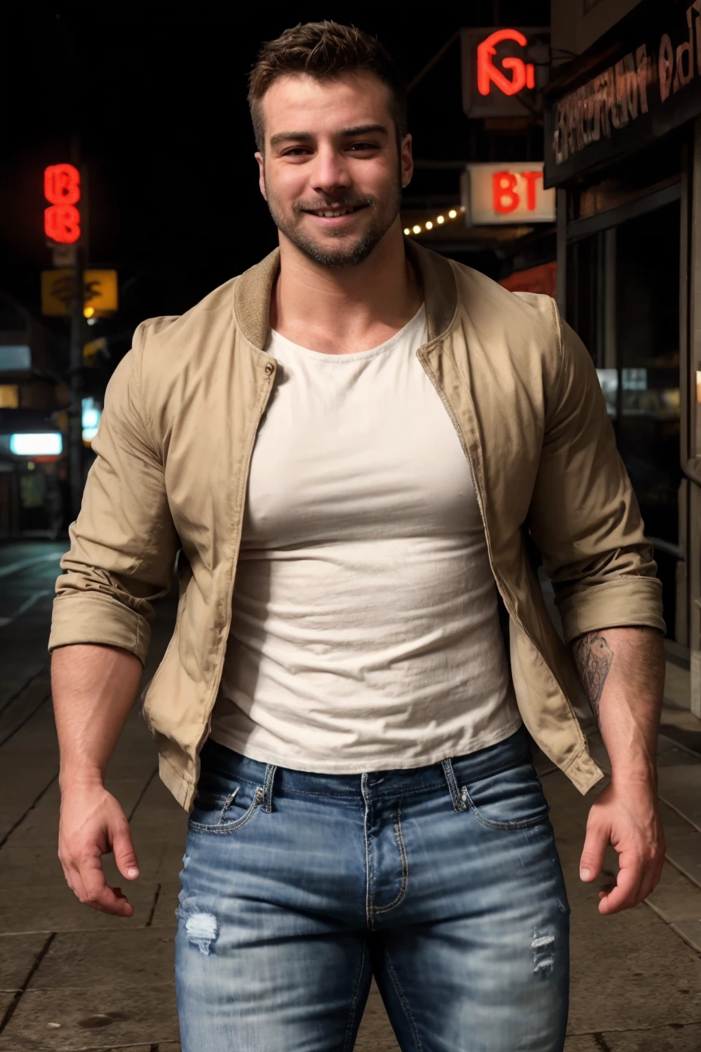 generate a master photograph describing a shapely Man, a full-body shot of a male fitness model dressed in a stylish, casual outfit suitable for a city day out, (8K, best quality), smile, brown hair, black hair, (hard chest, six pack, v cut), wearing a trendy bomber jacket, fitted dark jeans, and fashionable sneakers, standing in front of an urban backdrop, such as a brick wall or a modern building, (He has sexy hard chest, Most sexy v-cut , Most sexy six pack), Manly, Mancore, (He has fit chest, sexy six pack, sexy v-cut, extremely sexy hips), (asian skin, glistening skin, beautiful complexion), shot on Fujifilm superia, (Studio soft light, high detail, cinematic lighting, rim lighting), Style: (hyperrealistic, by DynastySeries FashionNova, photo, {{{masterpiece photography}}}, analog photograph, professional fashion photoshoot, trending on artstation, synthwave, krrrsty), Quality: (photographed, masterpiece, highest resolution), Definition: (highres, sharp focus, 8k uhd, ultra photo-realistic resolution), Film: (80 mm, shot on portra 120, shot on Fujifilm), Resolution: (extremely detailed, (sharp focus:1.5), cinematic lighting, dramatic lighting, ultra photo-realistic), luxury: